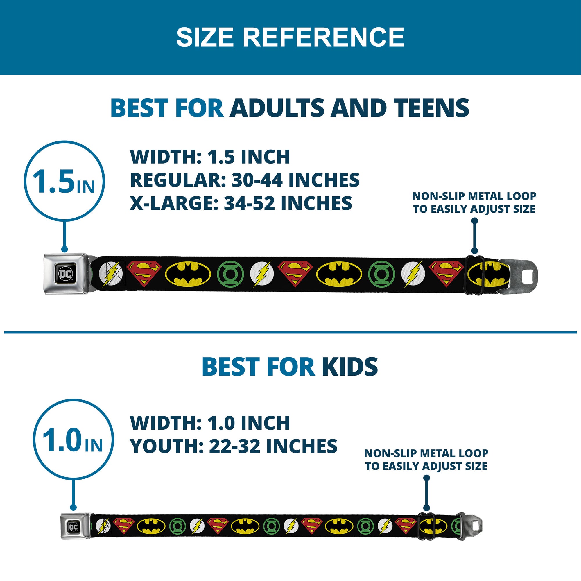 DC Round Logo Black/Silver Seatbelt Belt - Justice League Superhero Logos Webbing Seatbelt Belts DC Comics