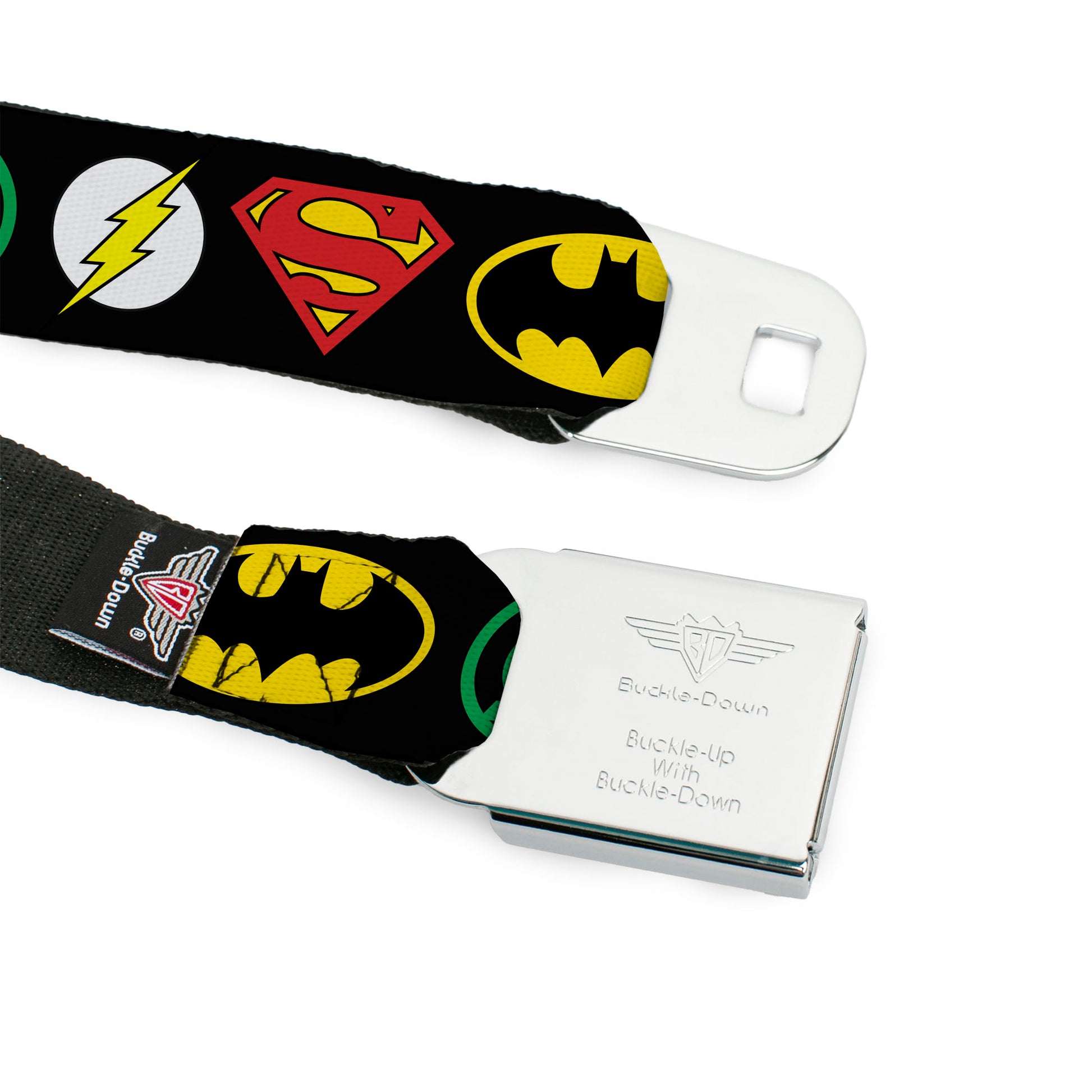 DC Round Logo Black/Silver Seatbelt Belt - Justice League Superhero Logos Webbing Seatbelt Belts DC Comics