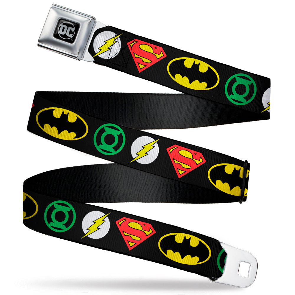 DC Round Logo Black/Silver Seatbelt Belt - Justice League Superhero Logos Webbing Seatbelt Belts DC Comics