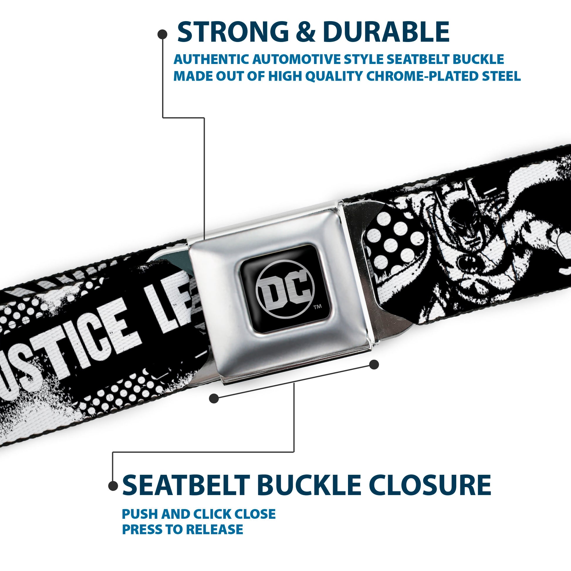 DC Round Logo Black/Silver Seatbelt Belt - JUSTICE LEAGUE Superheroes Retro Pop White/Black Webbing Seatbelt Belts DC Comics