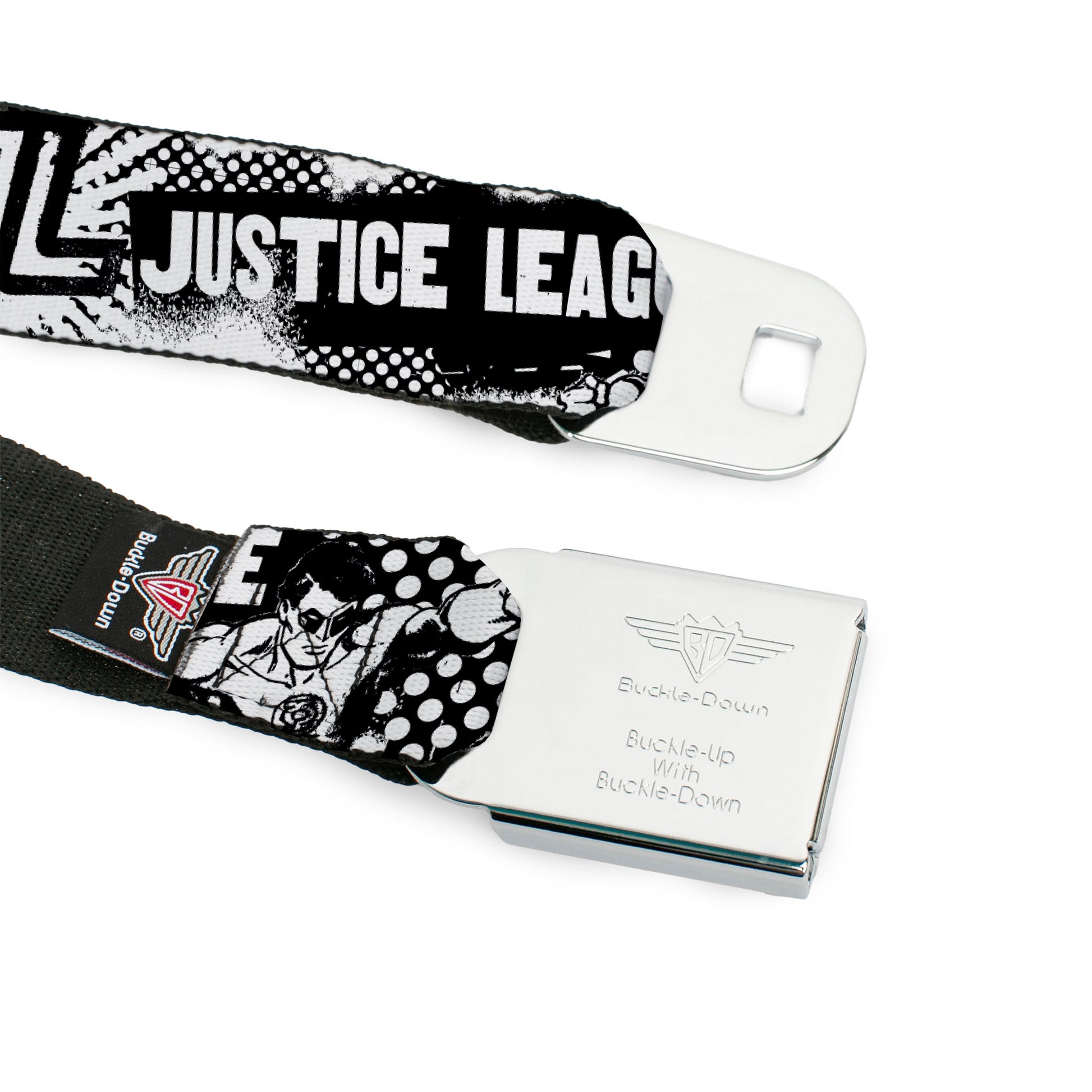DC Round Logo Black/Silver Seatbelt Belt - JUSTICE LEAGUE Superheroes Retro Pop White/Black Webbing Seatbelt Belts DC Comics