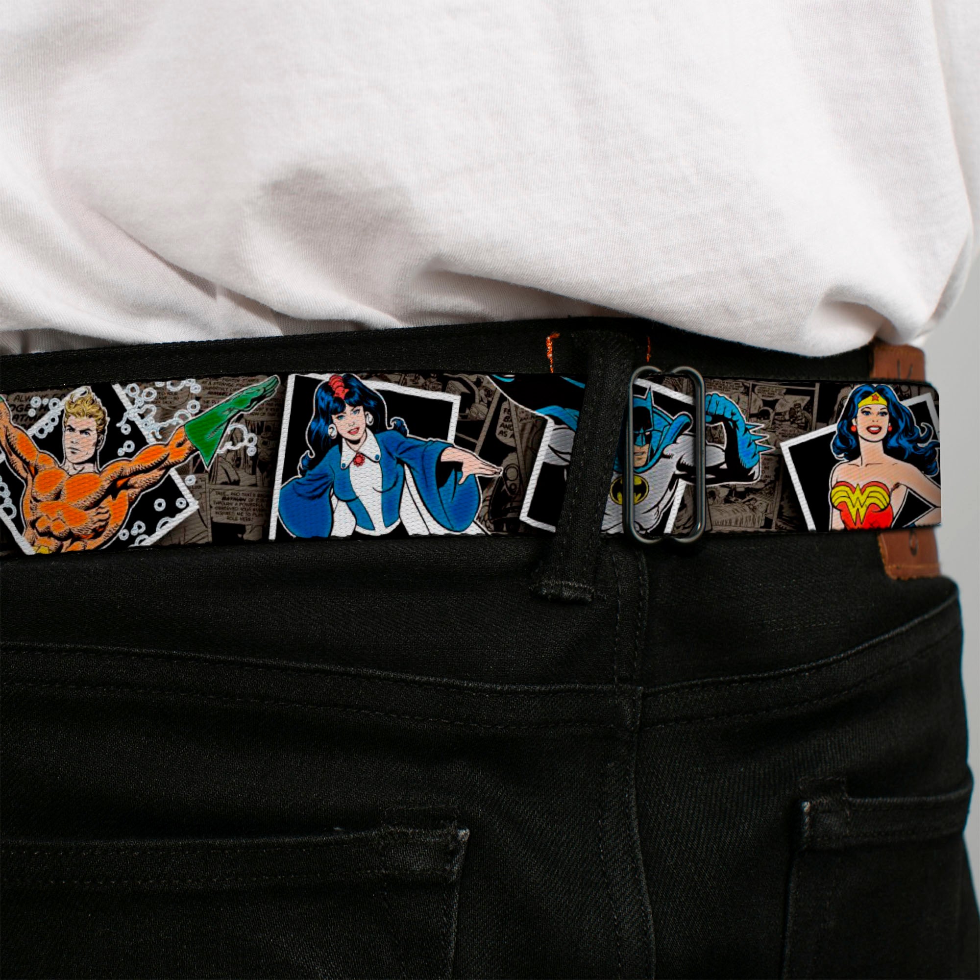 DC Round Logo Black/Silver Seatbelt Belt - DC Originals Vintage Comic Portraits/Comic Scenes Webbing Seatbelt Belts DC Comics