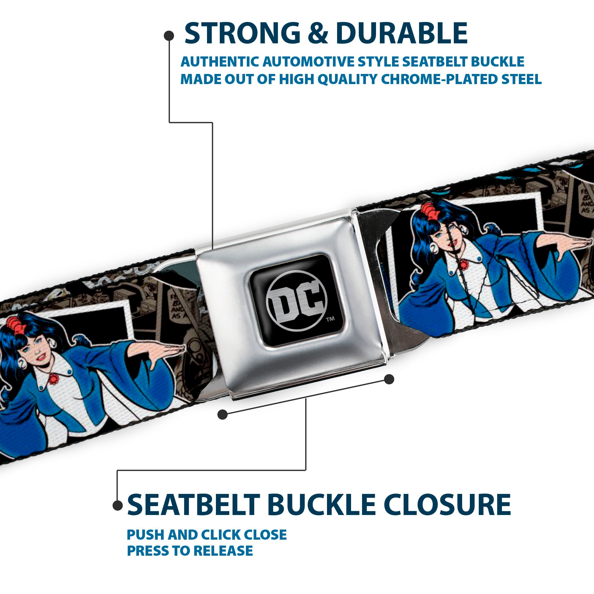 DC Round Logo Black/Silver Seatbelt Belt - DC Originals Vintage Comic Portraits/Comic Scenes Webbing Seatbelt Belts DC Comics