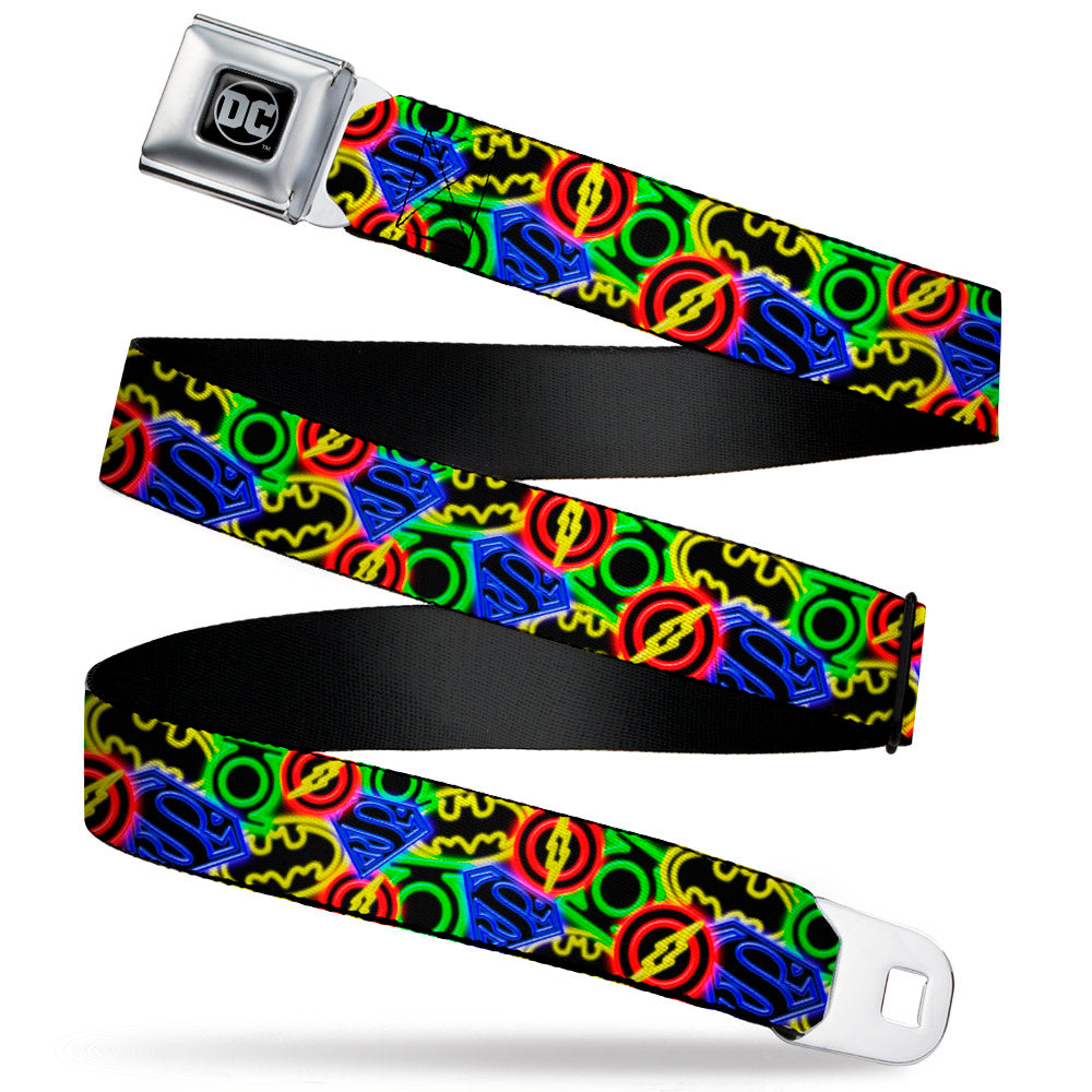 DC Round Logo Black/Silver Seatbelt Belt - Justice League Electric Logos Stacked Black/Multi Neon Webbing Seatbelt Belts DC Comics
