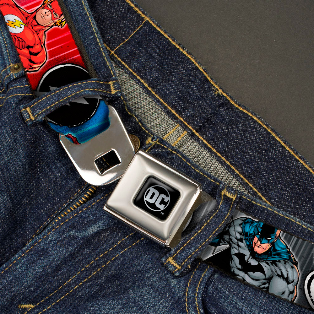 DC Round Logo Black/Silver Seatbelt Belt - Justice League Elite Forces Superheroes Pose/Logos Webbing Seatbelt Belts DC Comics