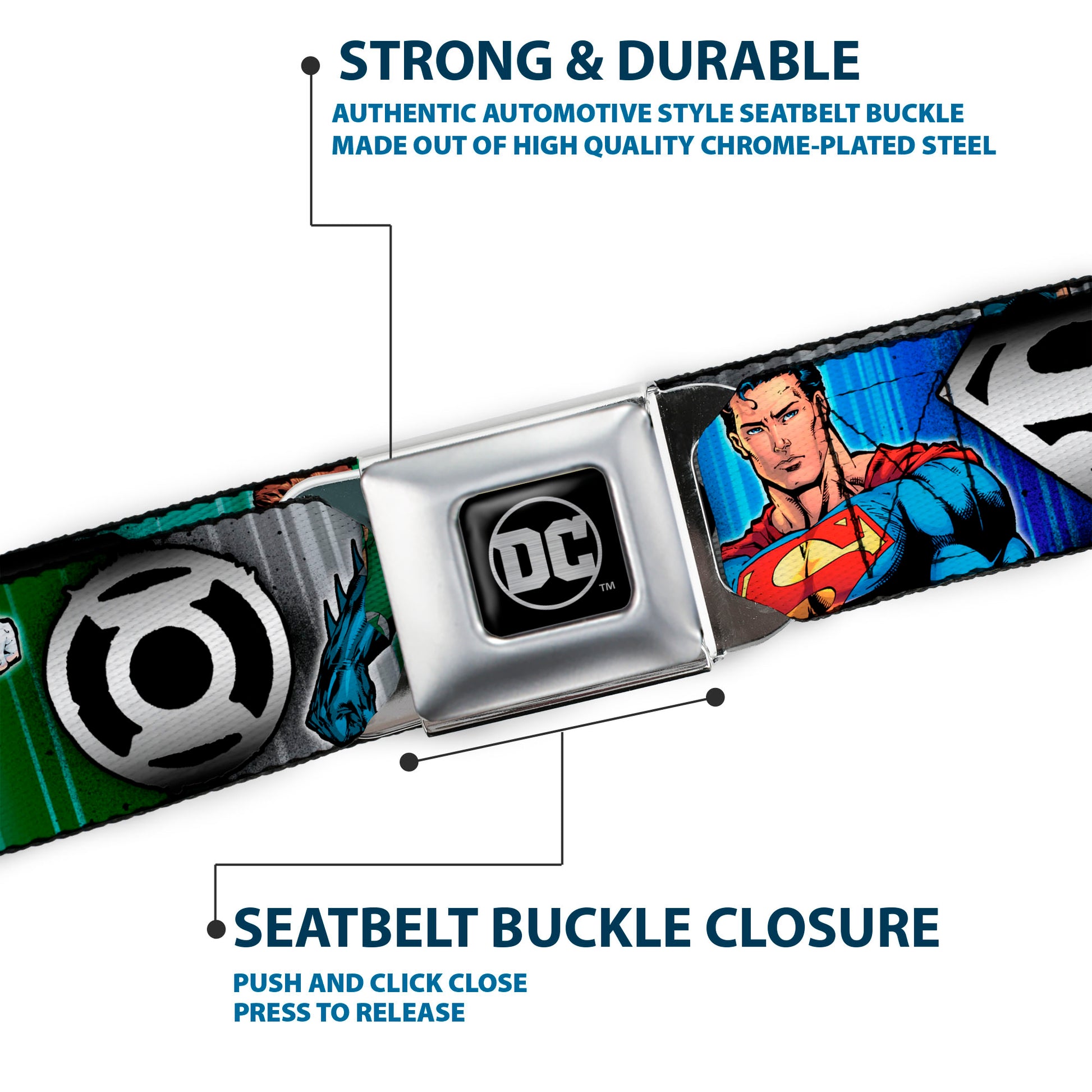 DC Round Logo Black/Silver Seatbelt Belt - Justice League Elite Forces Superheroes Pose/Logos Webbing Seatbelt Belts DC Comics