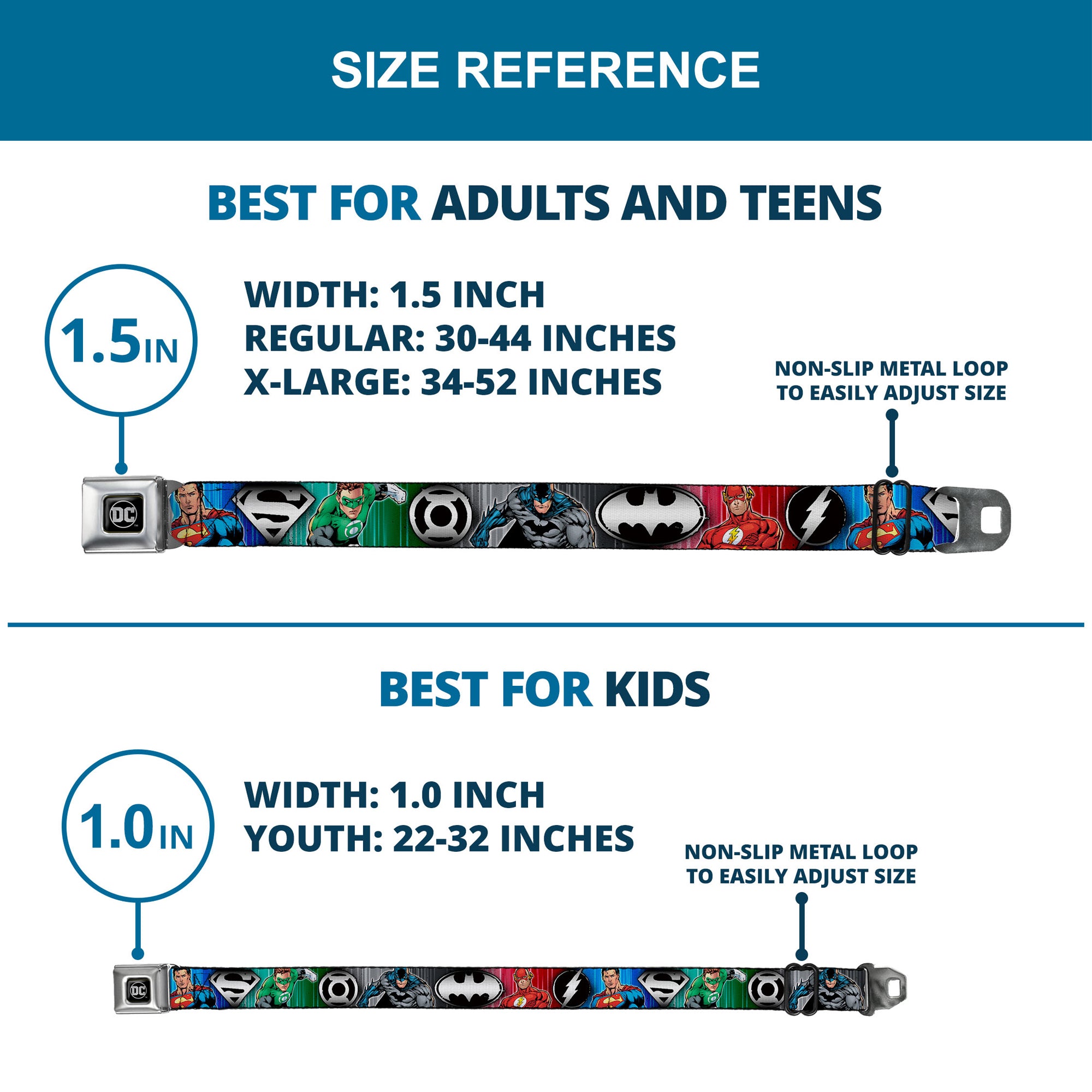 DC Round Logo Black/Silver Seatbelt Belt - Justice League Elite Forces Superheroes Pose/Logos Webbing Seatbelt Belts DC Comics