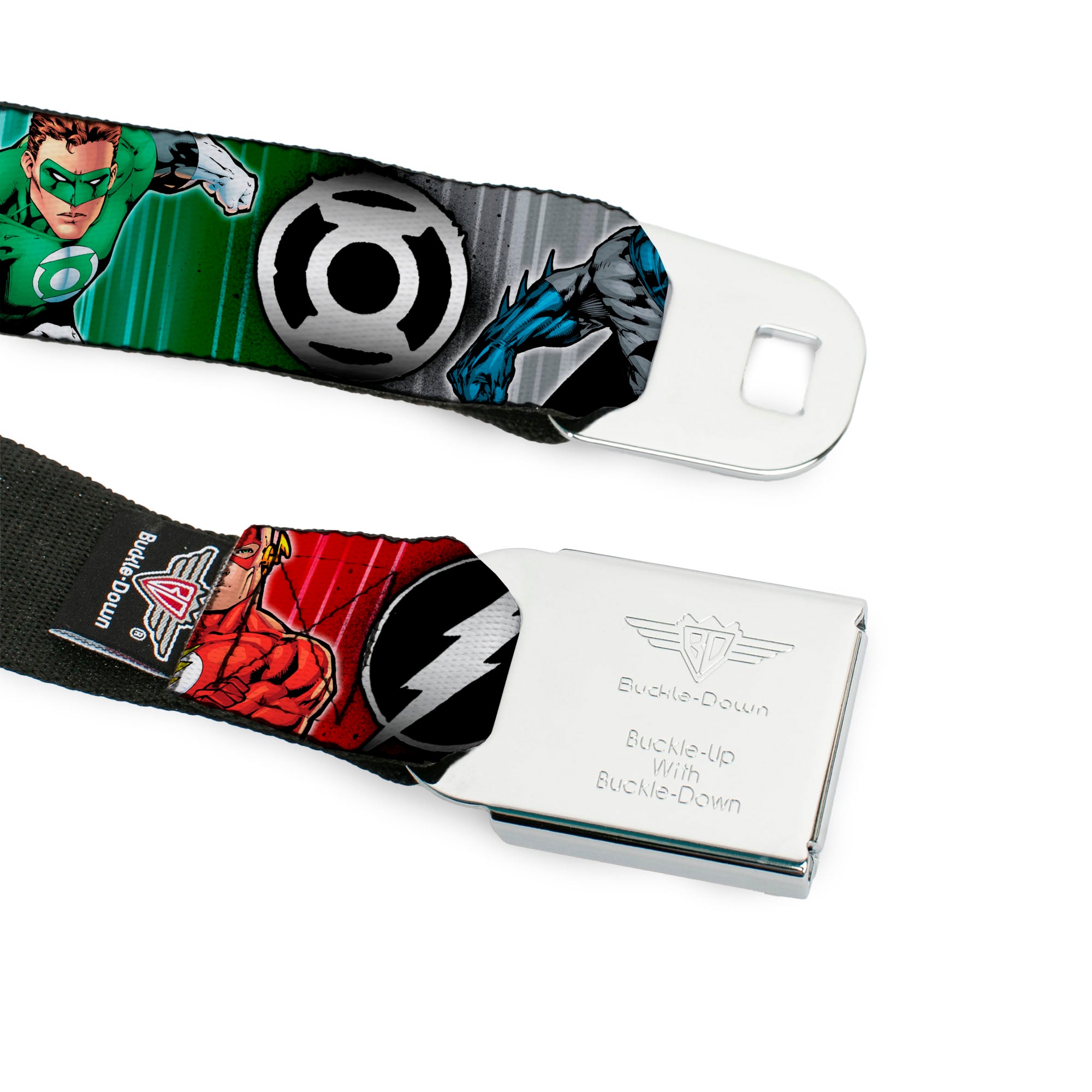 DC Round Logo Black/Silver Seatbelt Belt - Justice League Elite Forces Superheroes Pose/Logos Webbing Seatbelt Belts DC Comics