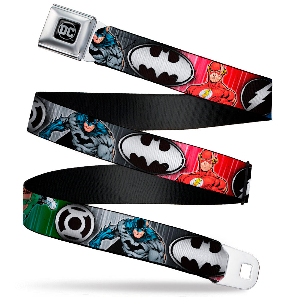 DC Round Logo Black/Silver Seatbelt Belt - Justice League Elite Forces Superheroes Pose/Logos Webbing Seatbelt Belts DC Comics