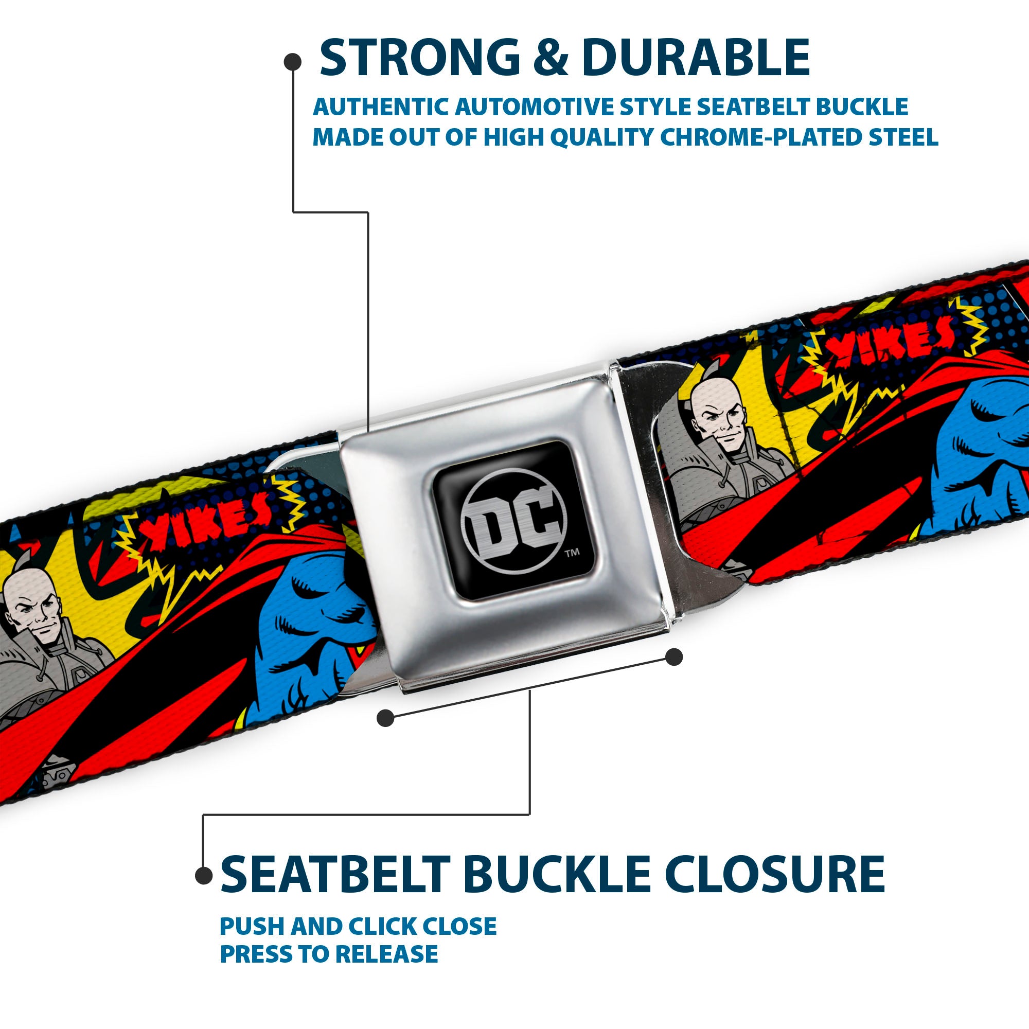 DC Round Logo Black/Silver Seatbelt Belt - Classic Batman/Joker & Superman/Lex Luthor Halftone Black/Blue Webbing Seatbelt Belts DC Comics