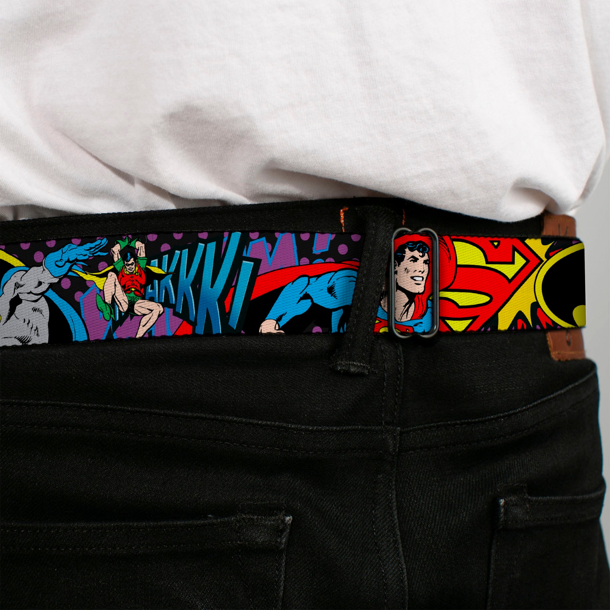 DC Round Logo Black/Silver Seatbelt Belt - Batman/Robin/Superman Pose/Logo Dot Black/Purple Webbing Seatbelt Belts DC Comics