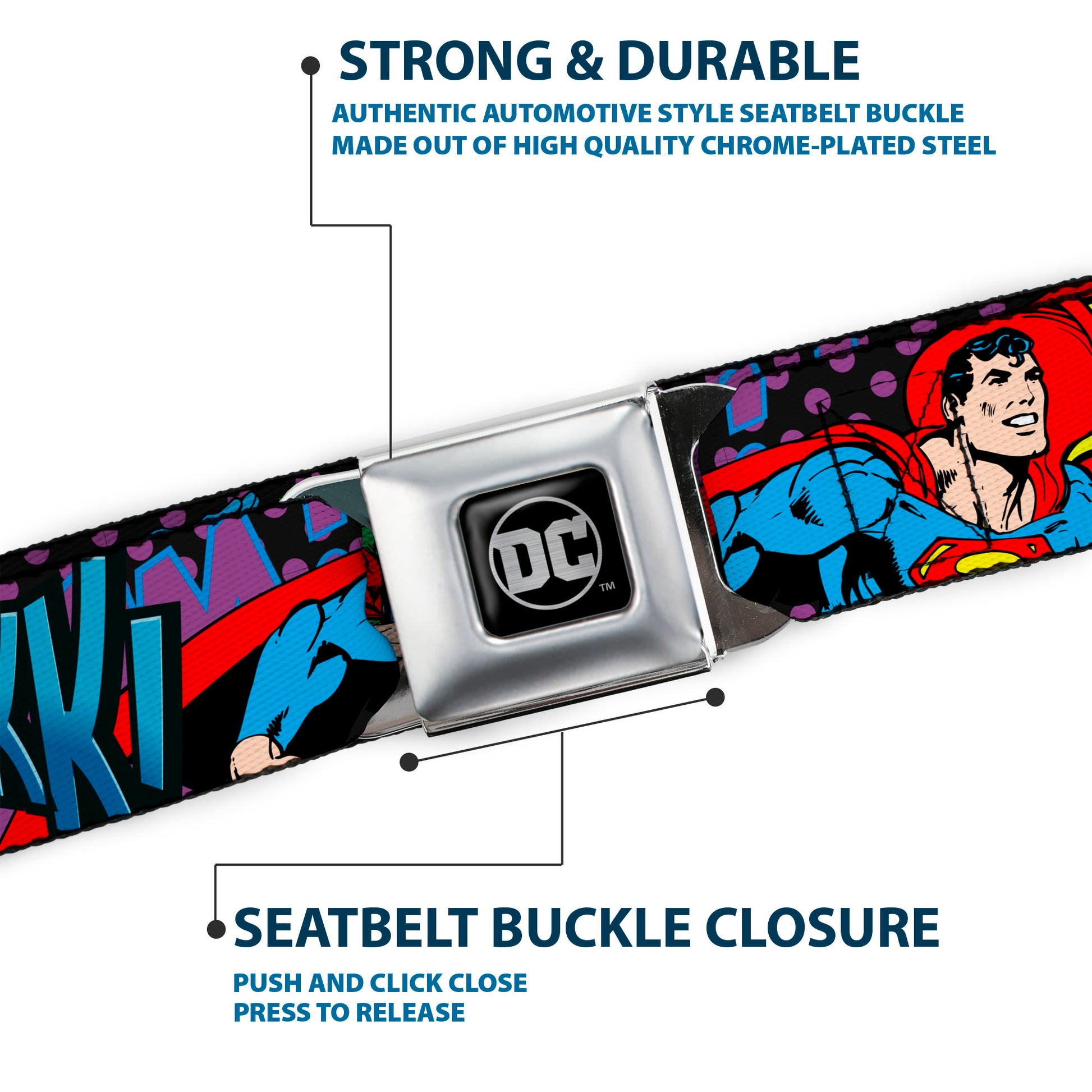 DC Round Logo Black/Silver Seatbelt Belt - Batman/Robin/Superman Pose/Logo Dot Black/Purple Webbing Seatbelt Belts DC Comics