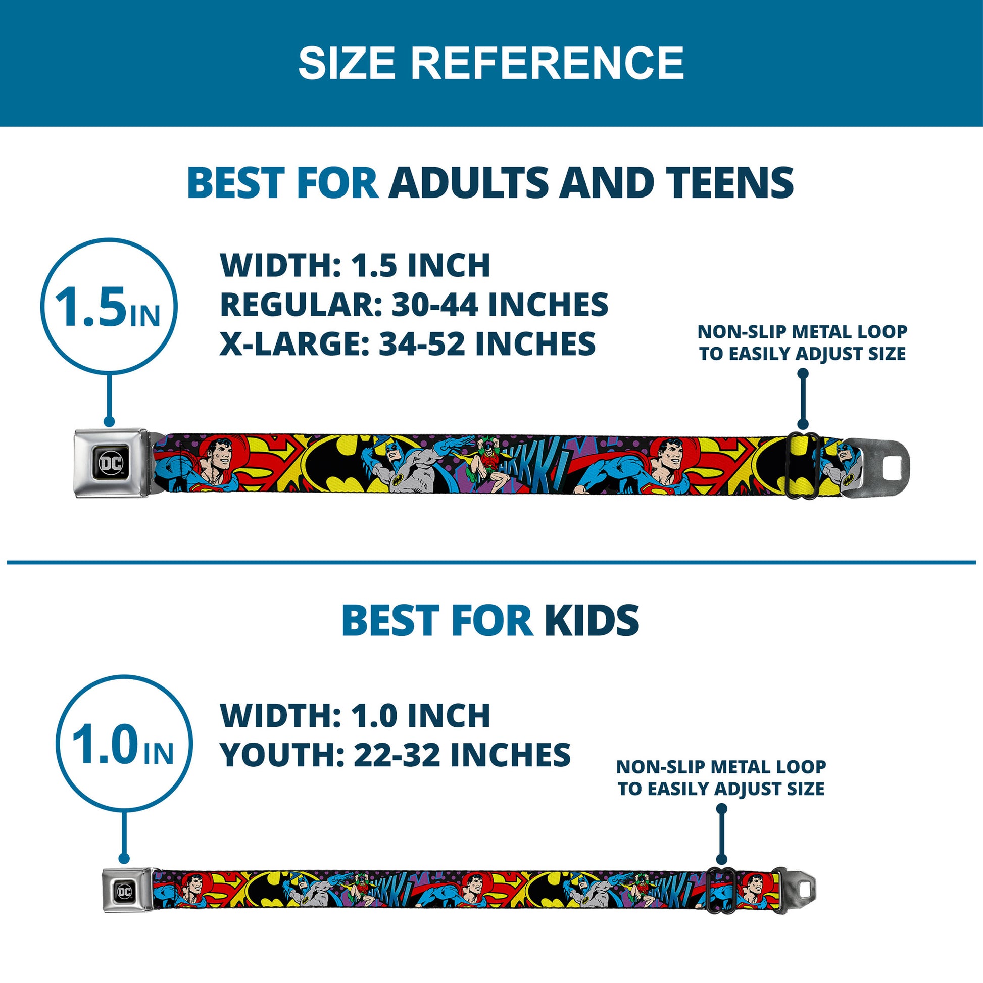 DC Round Logo Black/Silver Seatbelt Belt - Batman/Robin/Superman Pose/Logo Dot Black/Purple Webbing Seatbelt Belts DC Comics