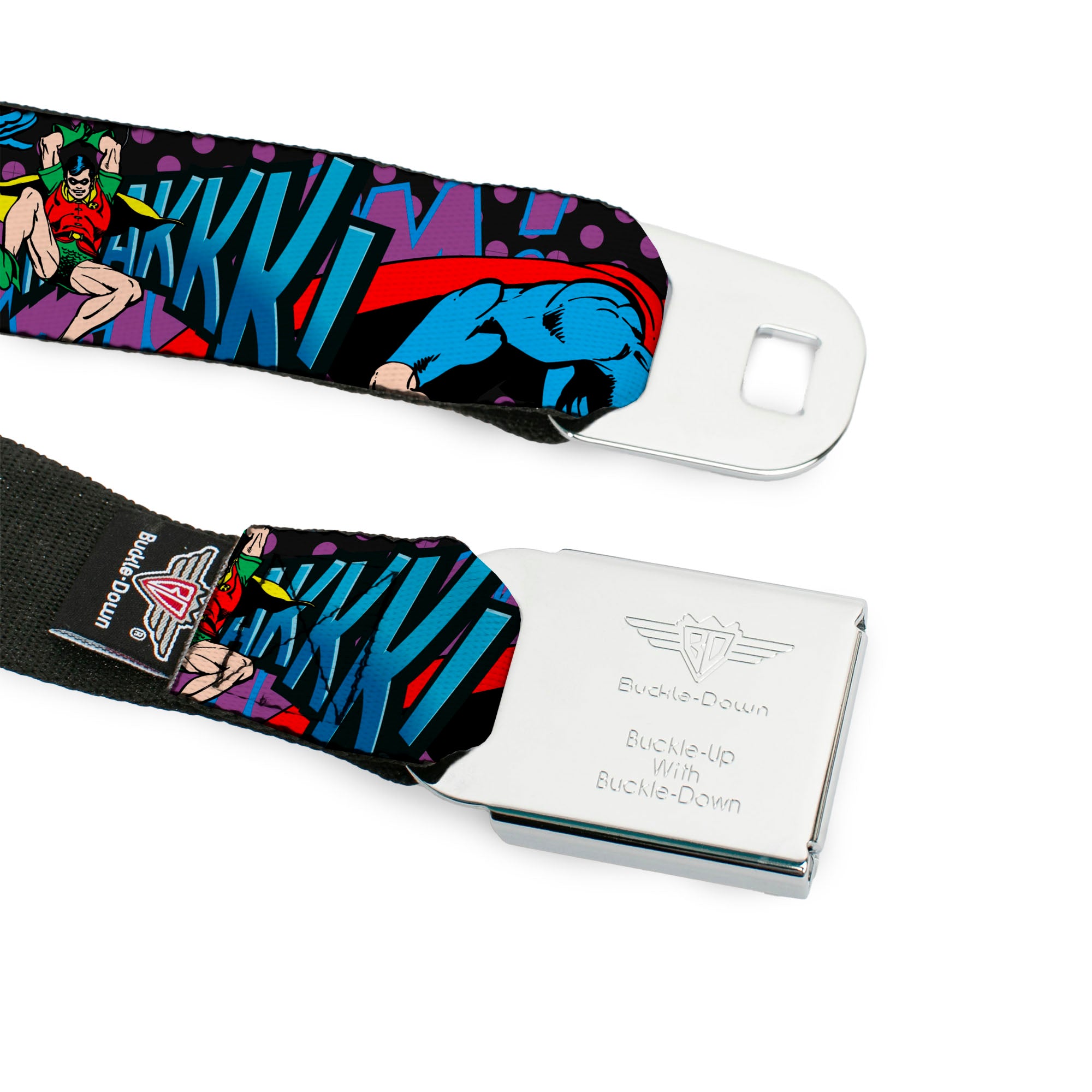 DC Round Logo Black/Silver Seatbelt Belt - Batman/Robin/Superman Pose/Logo Dot Black/Purple Webbing Seatbelt Belts DC Comics