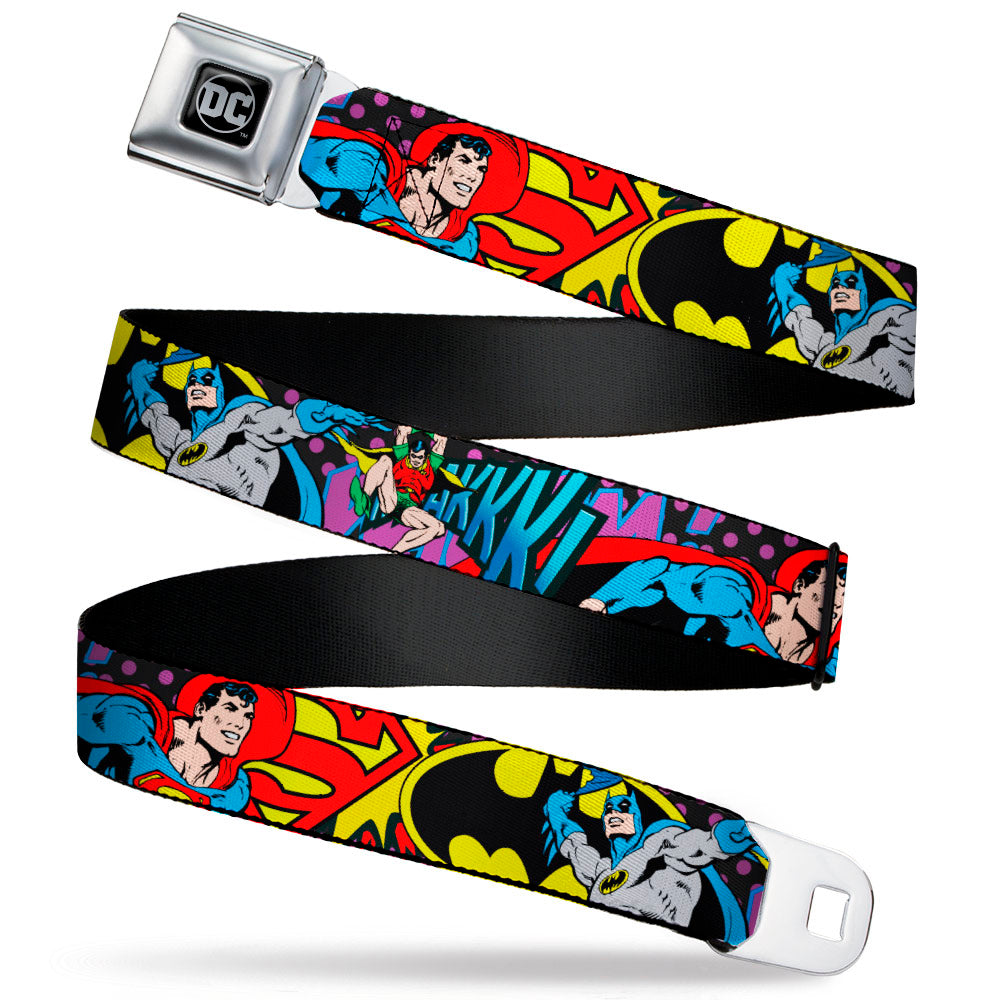 DC Round Logo Black/Silver Seatbelt Belt - Batman/Robin/Superman Pose/Logo Dot Black/Purple Webbing Seatbelt Belts DC Comics