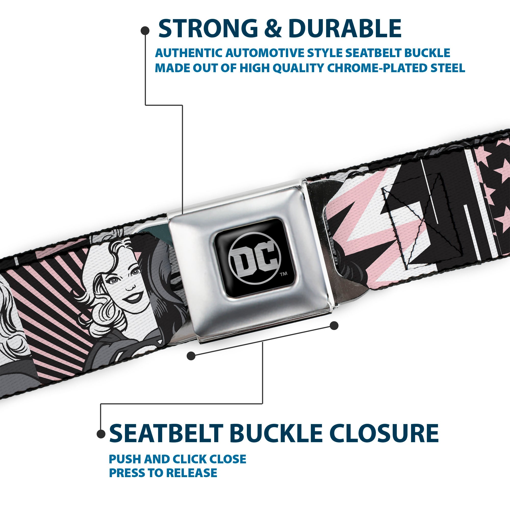 DC Round Logo Black/Silver Seatbelt Belt - Batgirl/Wonder Woman/Supergirl Retro Panels Black/Pink/White Webbing Seatbelt Belts DC Comics