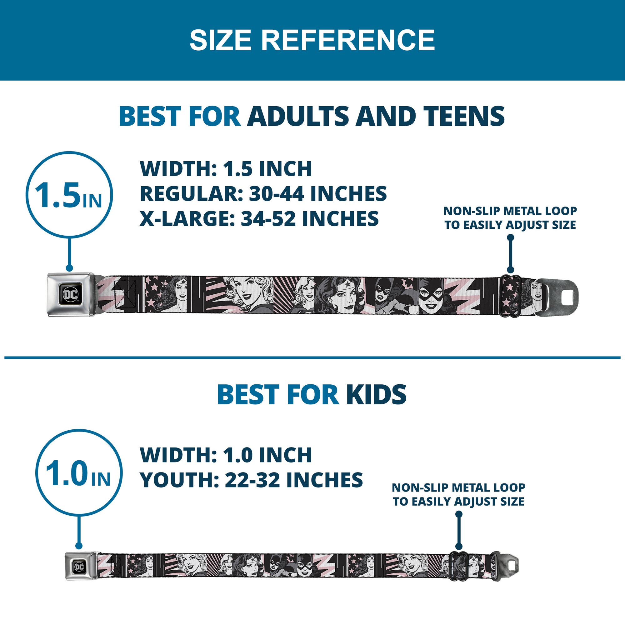 DC Round Logo Black/Silver Seatbelt Belt - Batgirl/Wonder Woman/Supergirl Retro Panels Black/Pink/White Webbing Seatbelt Belts DC Comics