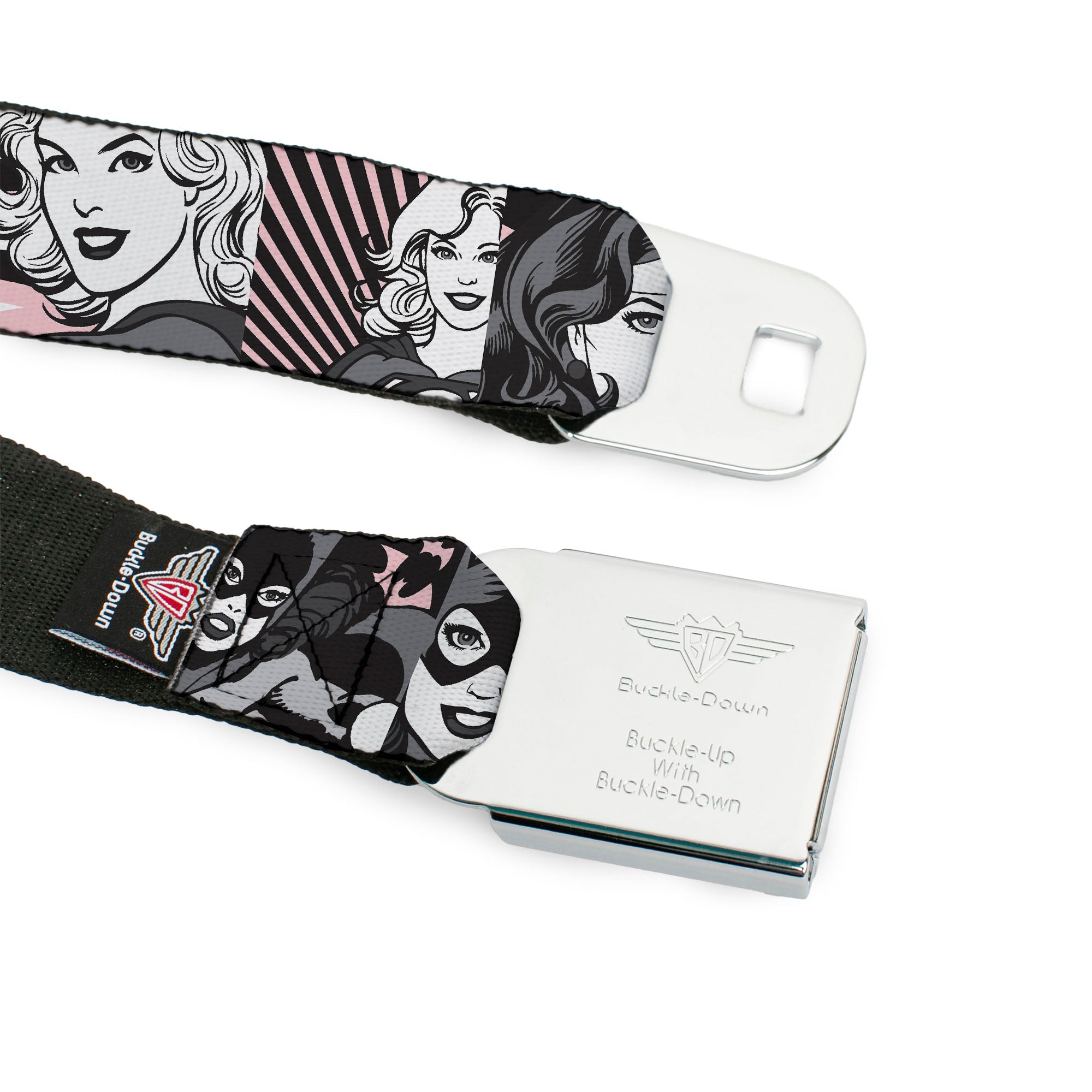 DC Round Logo Black/Silver Seatbelt Belt - Batgirl/Wonder Woman/Supergirl Retro Panels Black/Pink/White Webbing Seatbelt Belts DC Comics