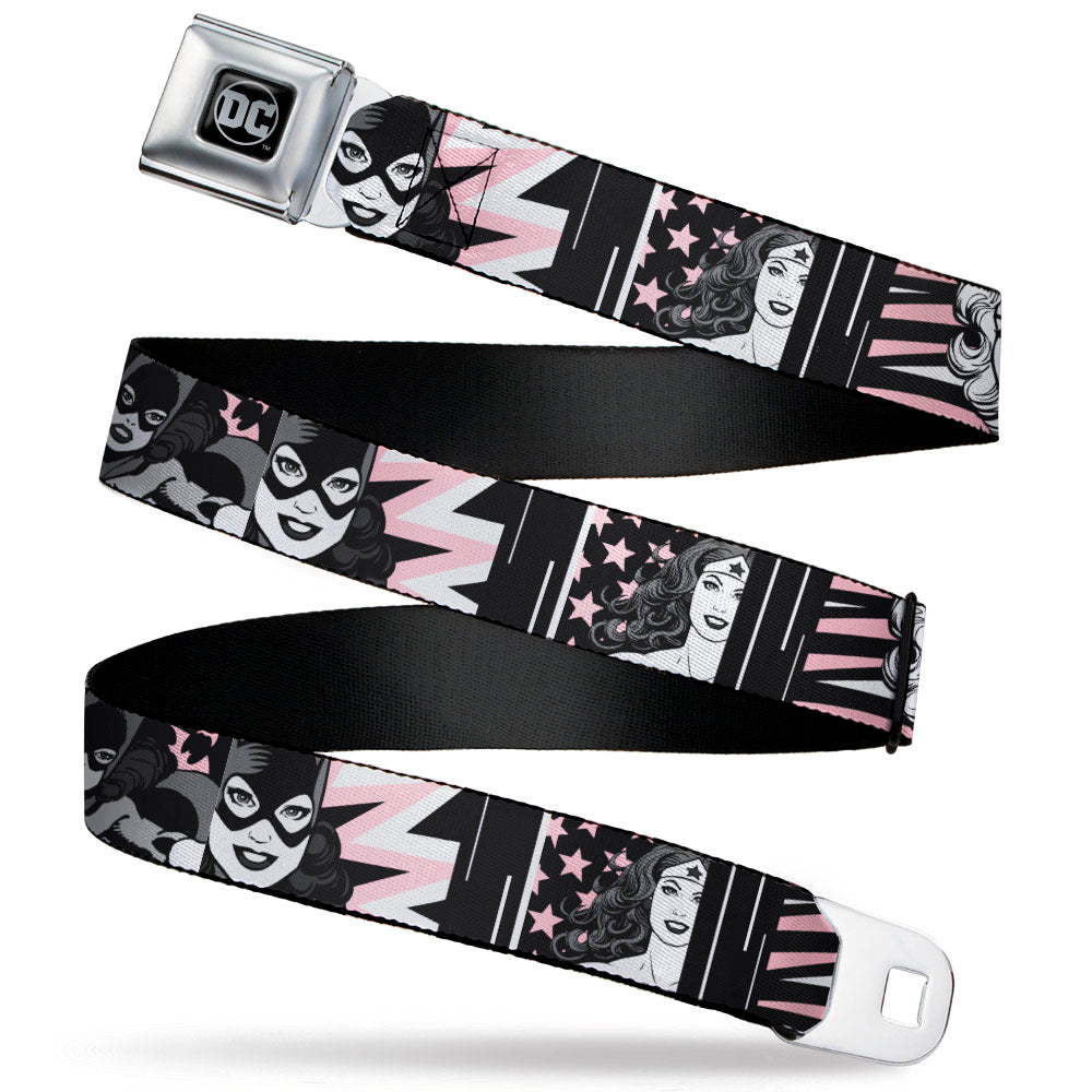 DC Round Logo Black/Silver Seatbelt Belt - Batgirl/Wonder Woman/Supergirl Retro Panels Black/Pink/White Webbing Seatbelt Belts DC Comics