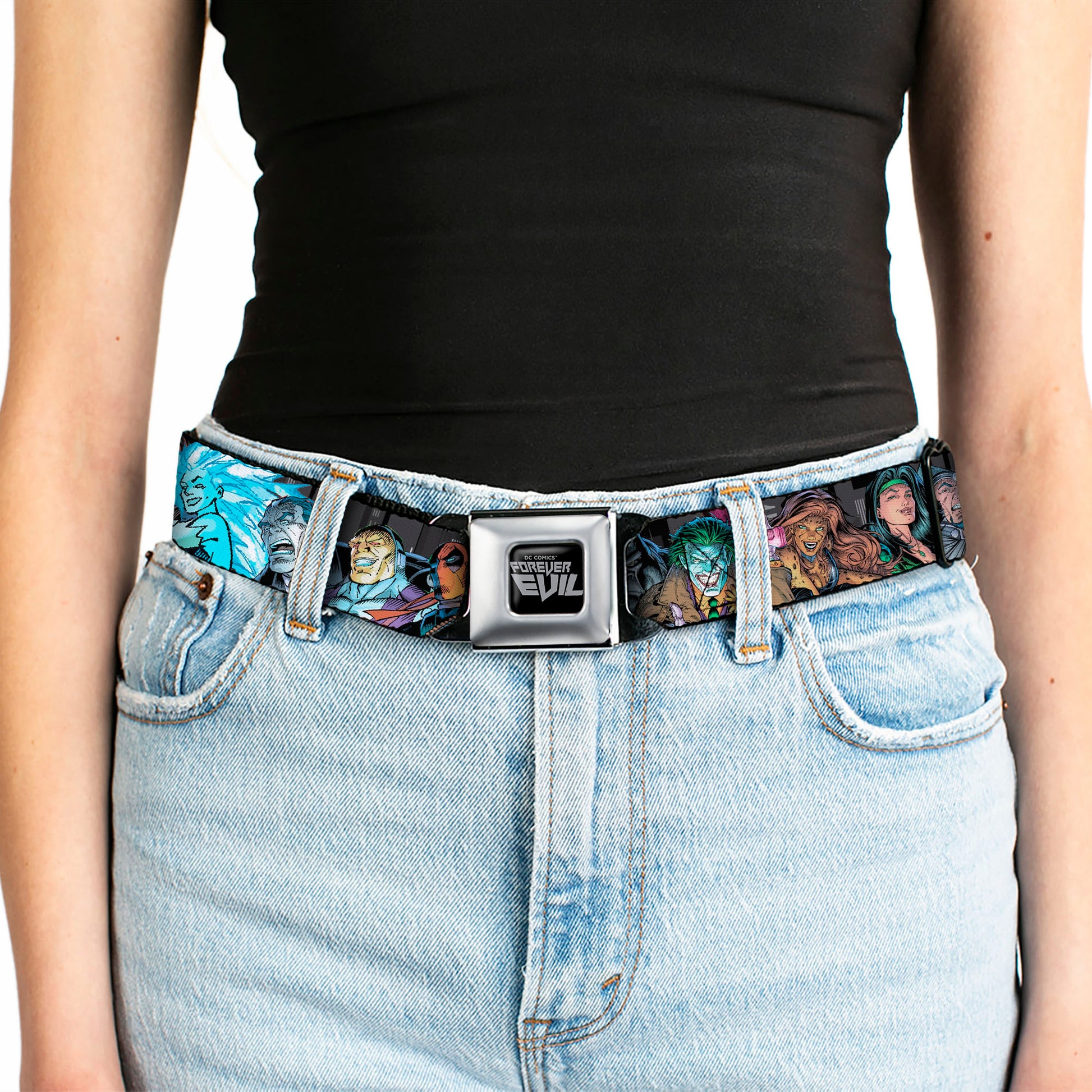 DC COMICS FOREVER EVIL Logo Black/Silver Seatbelt Belt - Injustice League of America Issue #13 Villains Webbing Seatbelt Belts DC Comics