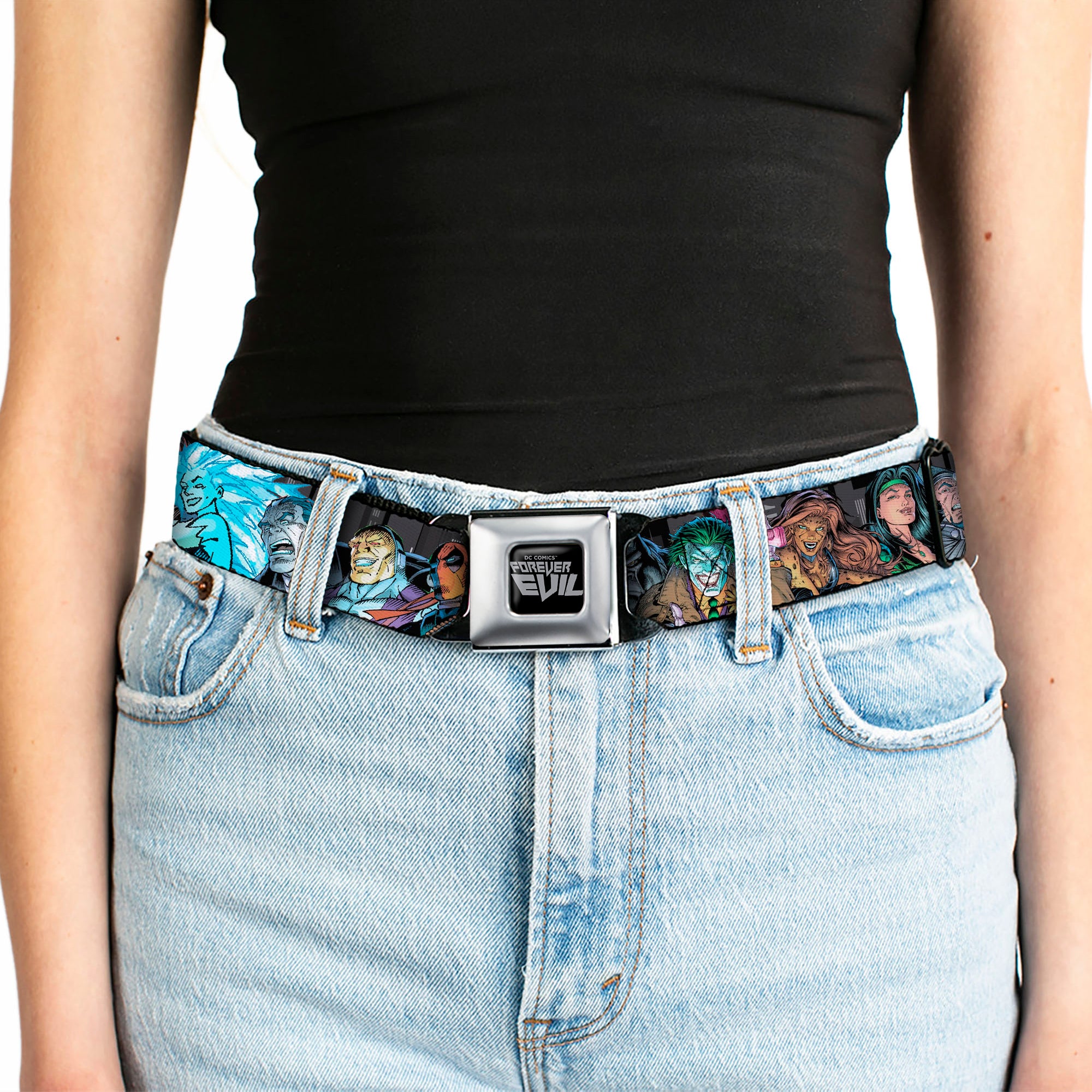 DC COMICS FOREVER EVIL Logo Black/Silver Seatbelt Belt - Injustice League of America Issue #13 Villains Webbing Seatbelt Belts DC Comics