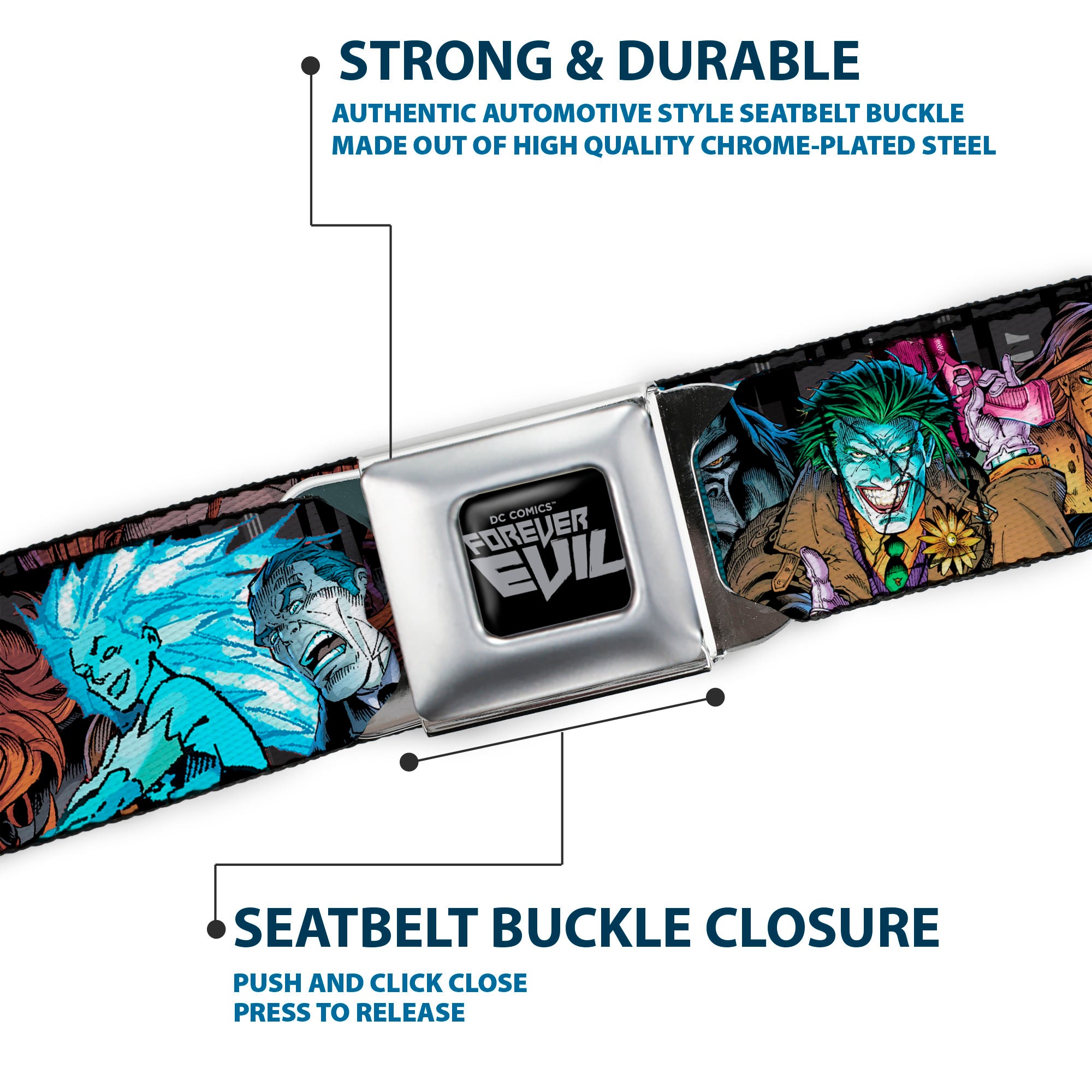 DC COMICS FOREVER EVIL Logo Black/Silver Seatbelt Belt - Injustice League of America Issue #13 Villains Webbing Seatbelt Belts DC Comics