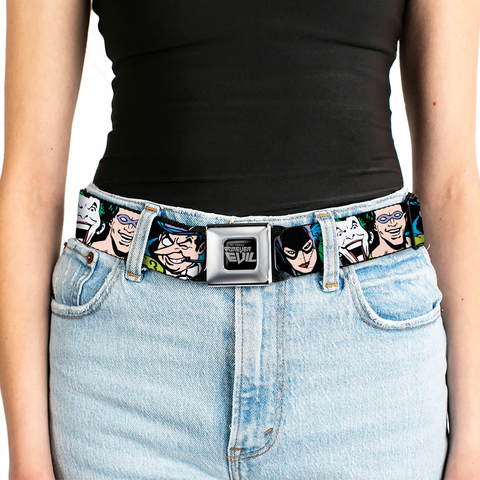 DC COMICS FOREVER EVIL Logo Black/Silver Seatbelt Belt - Justice League Villains CLOSE-UP Webbing Seatbelt Belts DC Comics