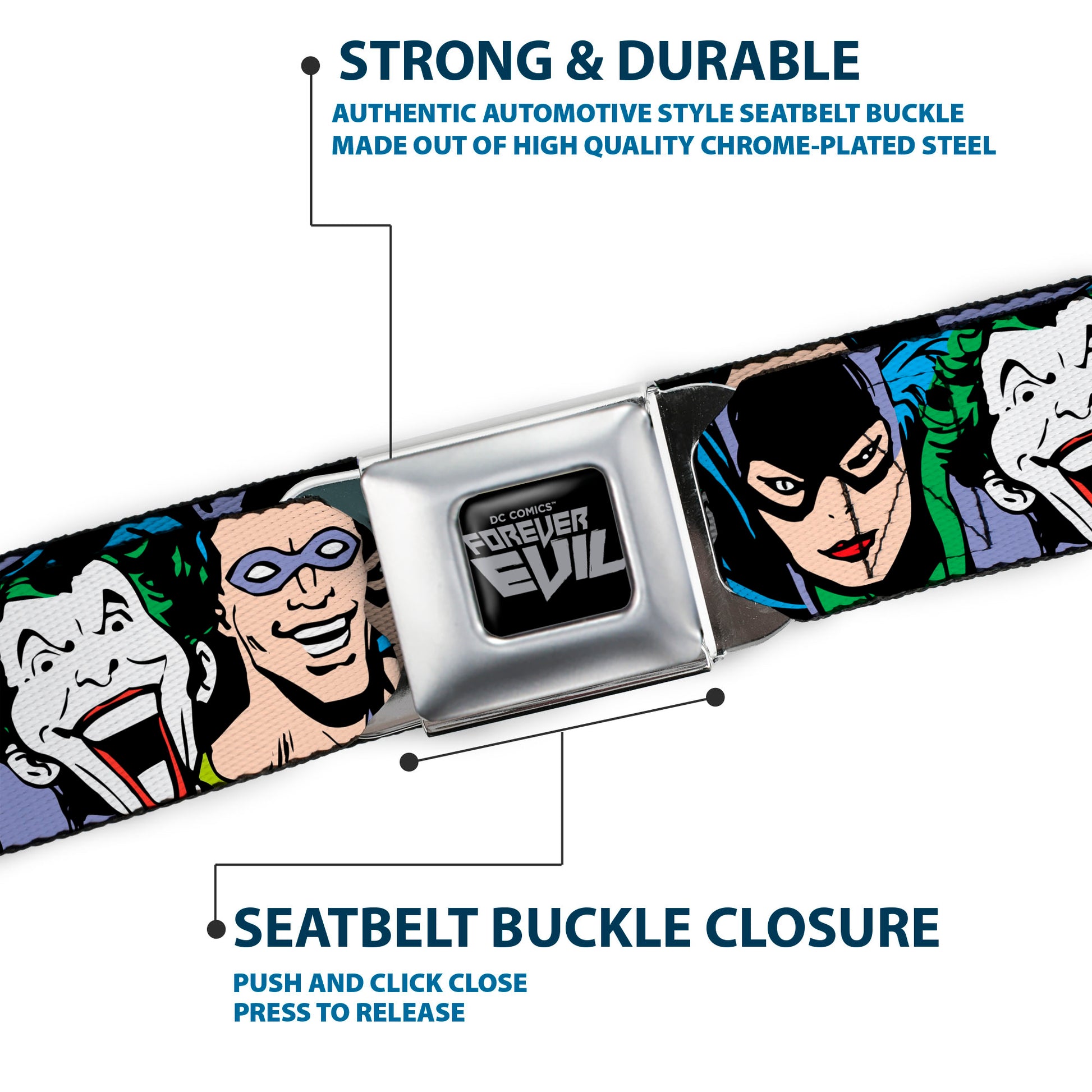 DC COMICS FOREVER EVIL Logo Black/Silver Seatbelt Belt - Justice League Villains CLOSE-UP Webbing Seatbelt Belts DC Comics