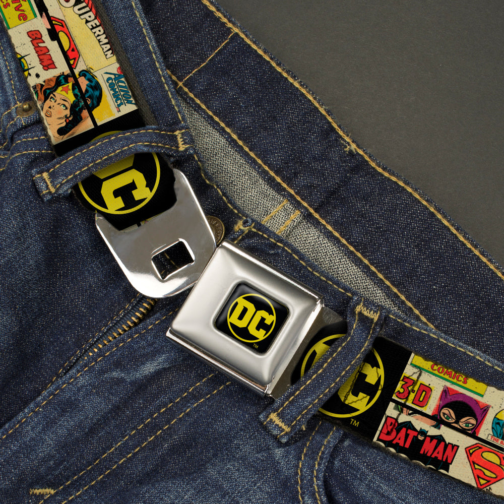 Vintage DC Comics Logo Full Color Black/Yellow Seatbelt Belt - Vintage DC Comics Superhero and Logos Collage Black Webbing Seatbelt Belts DC Comics