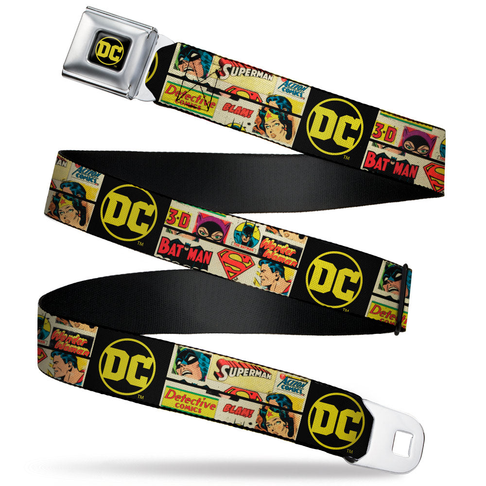 Vintage DC Comics Logo Full Color Black/Yellow Seatbelt Belt - Vintage DC Comics Superhero and Logos Collage Black Webbing Seatbelt Belts DC Comics
