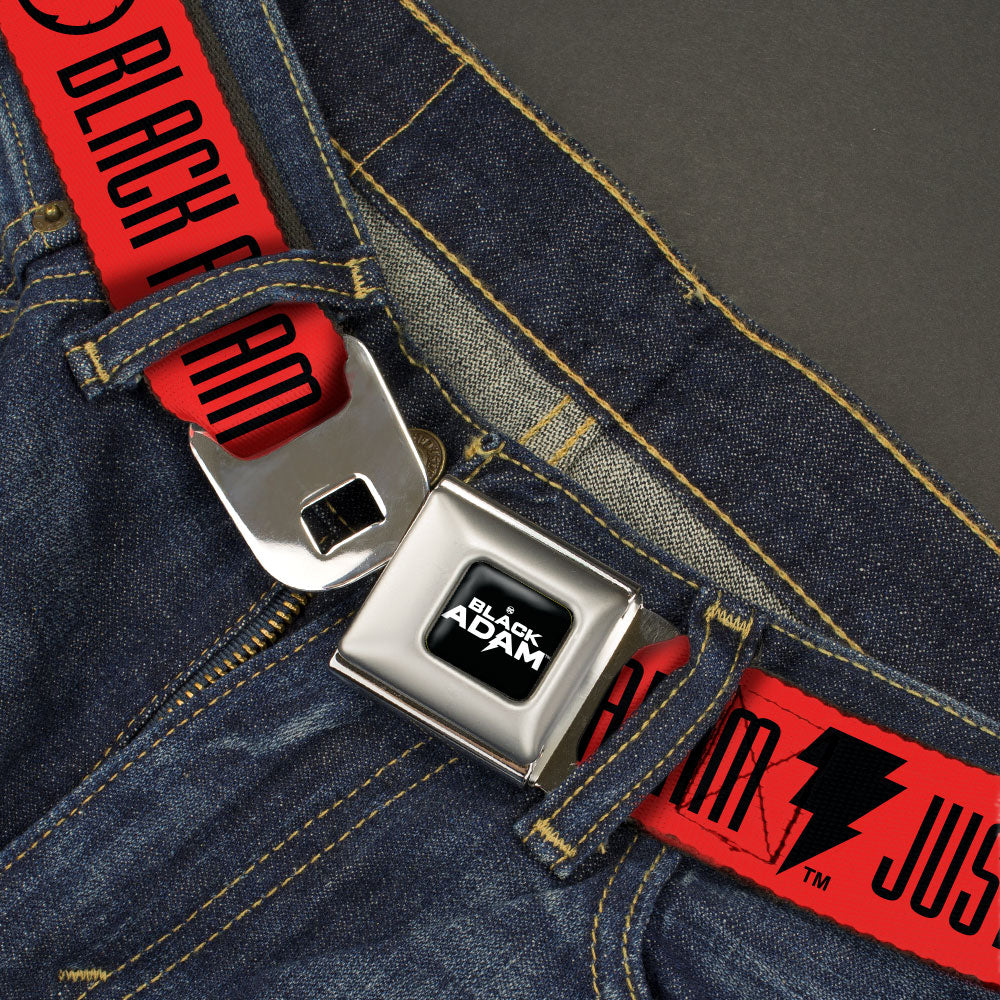 DC BLACK ADAM Title Logo Full Color Black/White Seatbelt Belt - Black Adam JUSTICE SOCIETY Icons and Text Red/Black Webbing Seatbelt Belts DC Comics