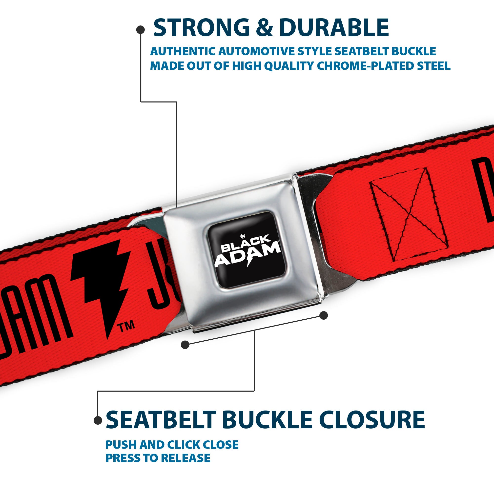 DC BLACK ADAM Title Logo Full Color Black/White Seatbelt Belt - Black Adam JUSTICE SOCIETY Icons and Text Red/Black Webbing Seatbelt Belts DC Comics