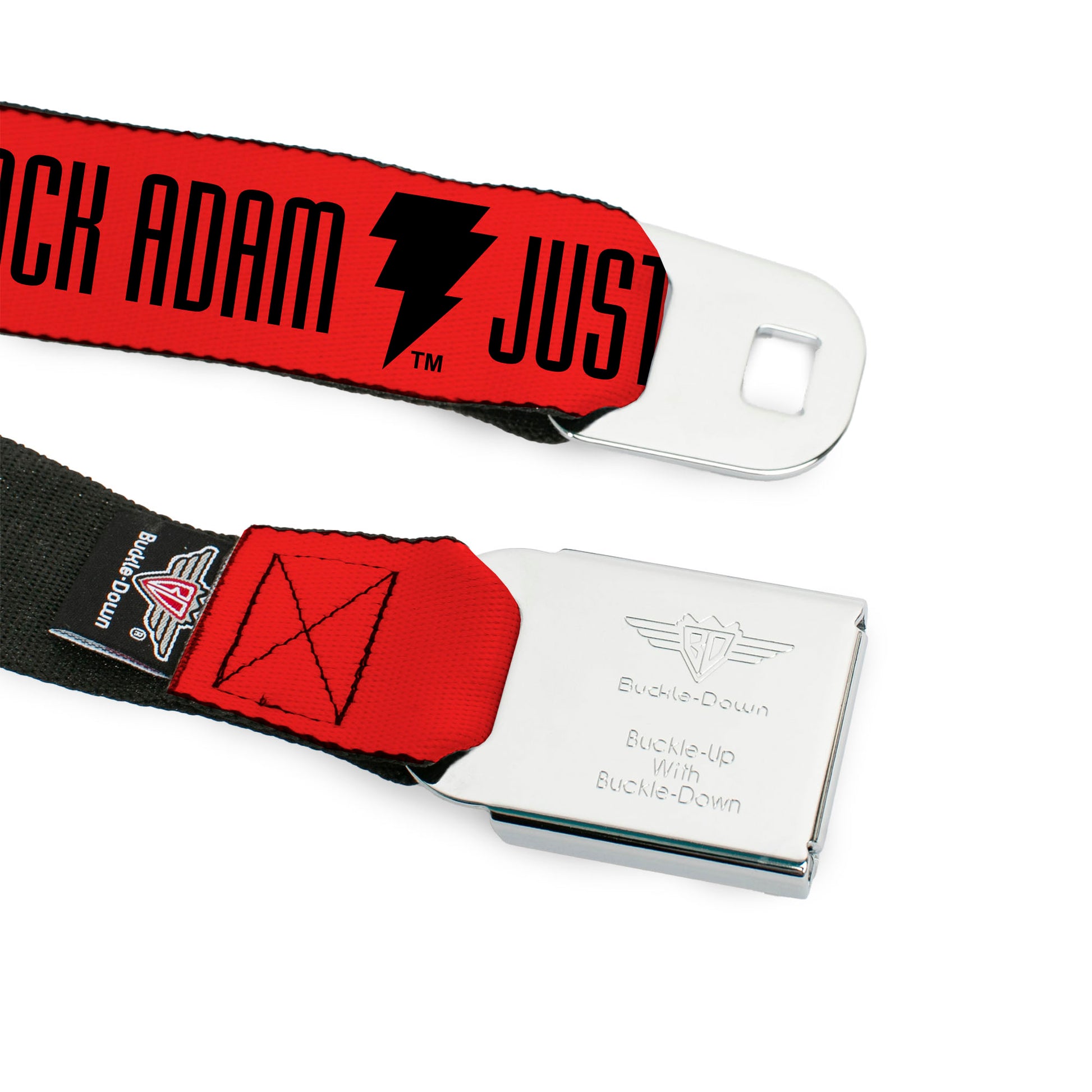 DC BLACK ADAM Title Logo Full Color Black/White Seatbelt Belt - Black Adam JUSTICE SOCIETY Icons and Text Red/Black Webbing Seatbelt Belts DC Comics