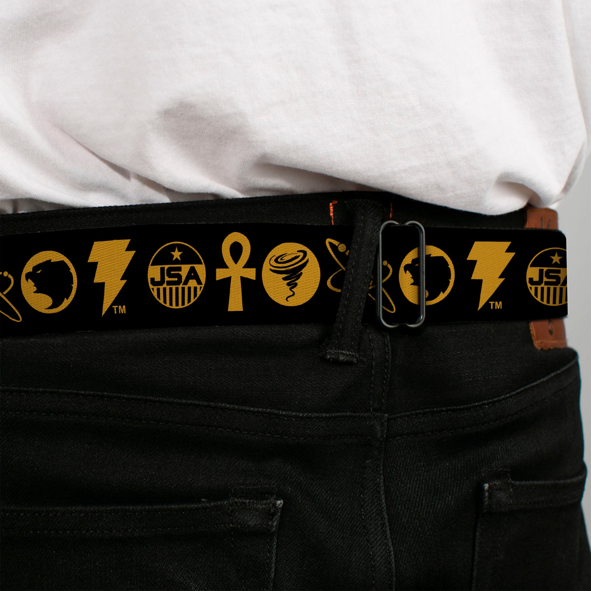 BLACK ADAM Title Logo Full Color Black/Yellows Seatbelt Belt - Black Adam Justice Society Icons Black/Orange Webbing Seatbelt Belts DC Comics