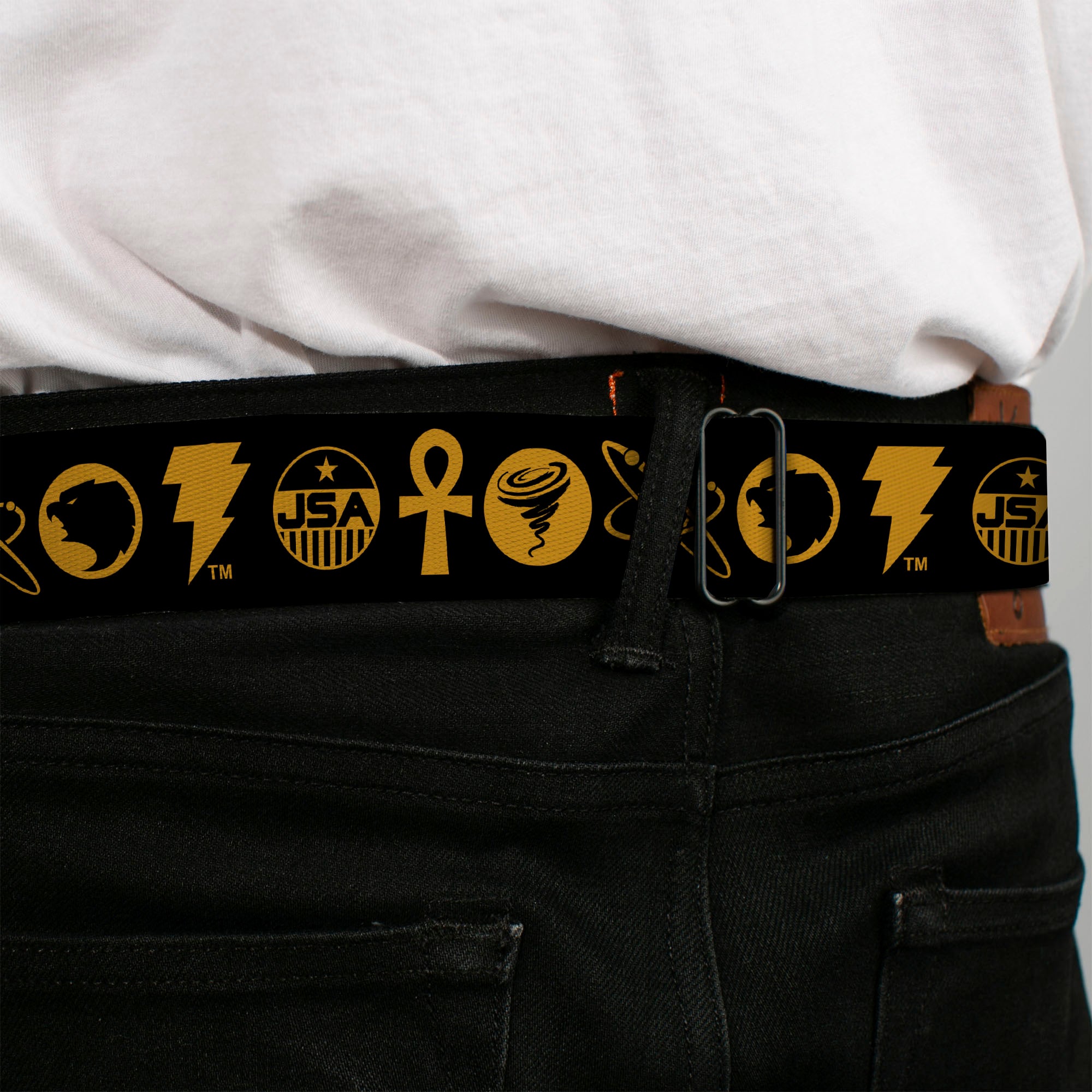 BLACK ADAM Title Logo Full Color Black/Yellows Seatbelt Belt - Black Adam Justice Society Icons Black/Orange Webbing Seatbelt Belts DC Comics