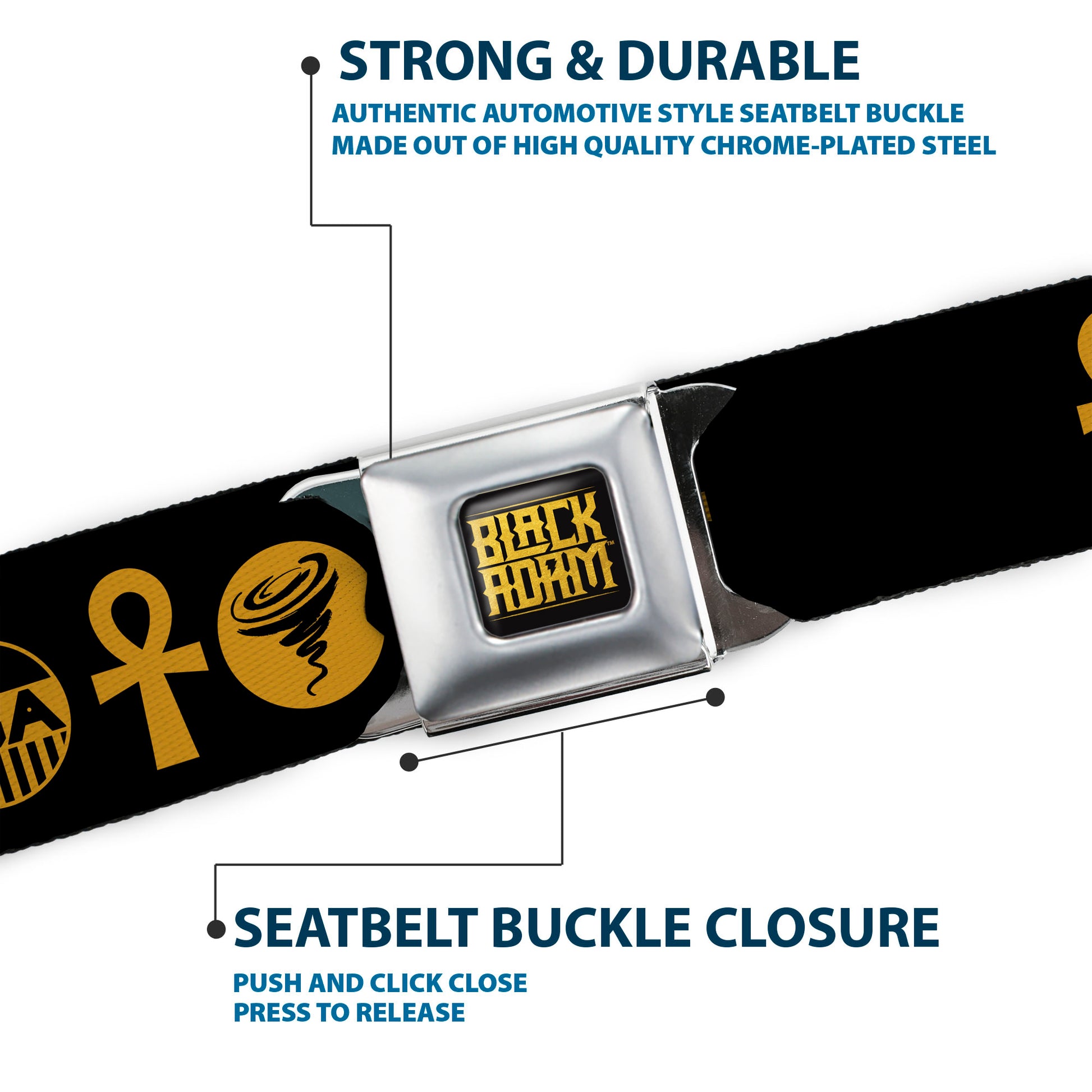 BLACK ADAM Title Logo Full Color Black/Yellows Seatbelt Belt - Black Adam Justice Society Icons Black/Orange Webbing Seatbelt Belts DC Comics