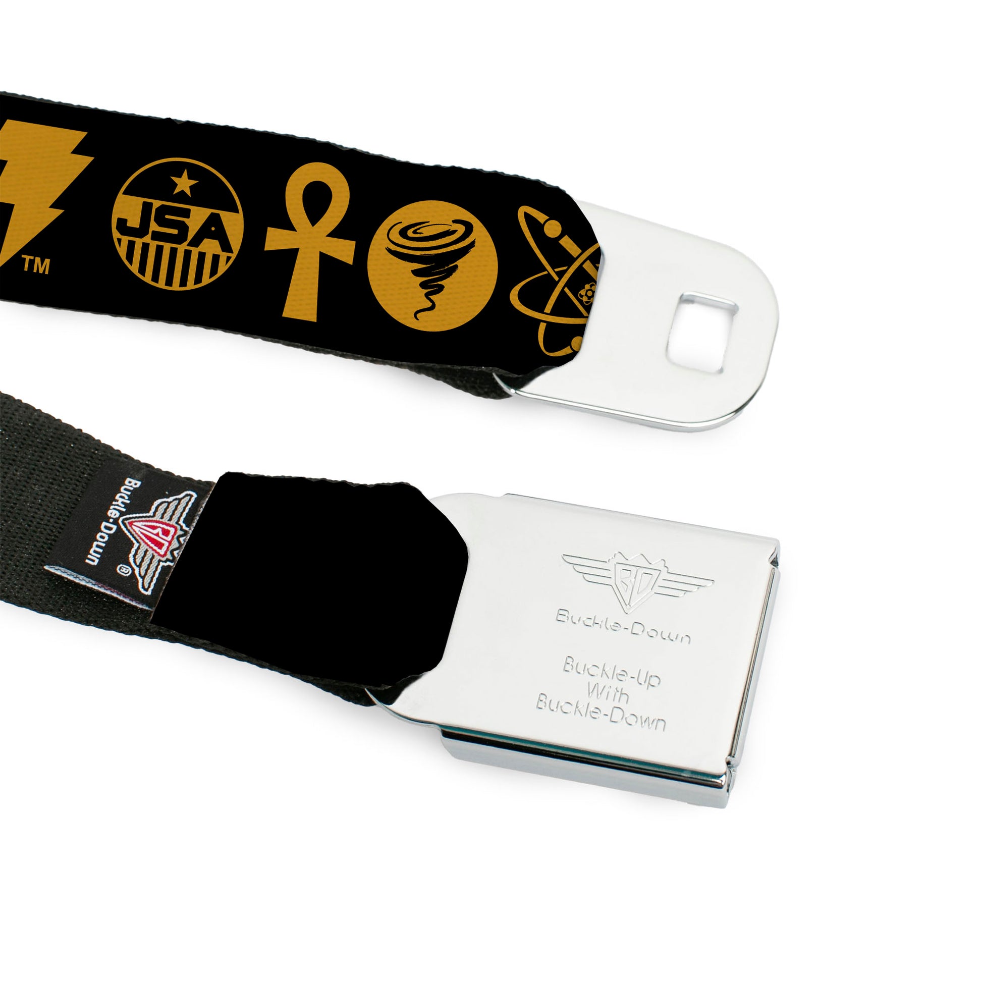 BLACK ADAM Title Logo Full Color Black/Yellows Seatbelt Belt - Black Adam Justice Society Icons Black/Orange Webbing Seatbelt Belts DC Comics