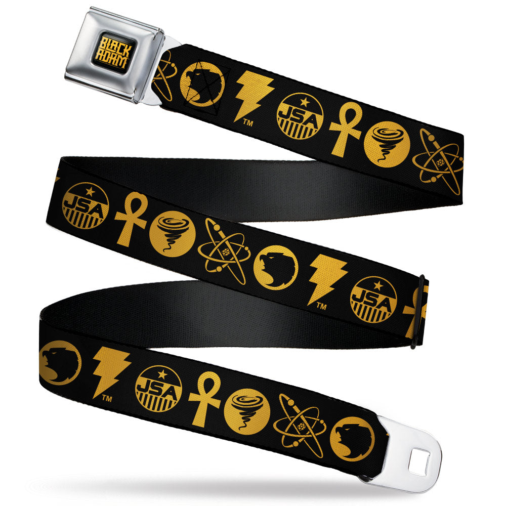 BLACK ADAM Title Logo Full Color Black/Yellows Seatbelt Belt - Black Adam Justice Society Icons Black/Orange Webbing Seatbelt Belts DC Comics