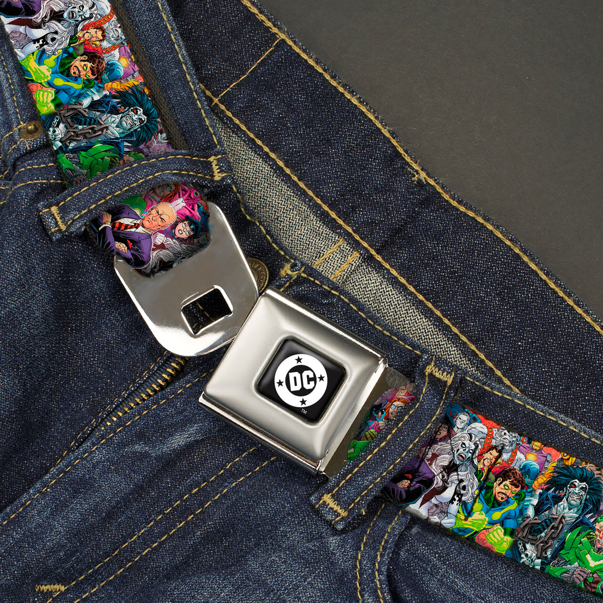 DC COMICS Round Logo Full Color Black/White Seatbelt Belt - Superman Treasury Hero For All Lex Luthor Villains Group Variant Cover Collage Webbing Seatbelt Belts DC Comics