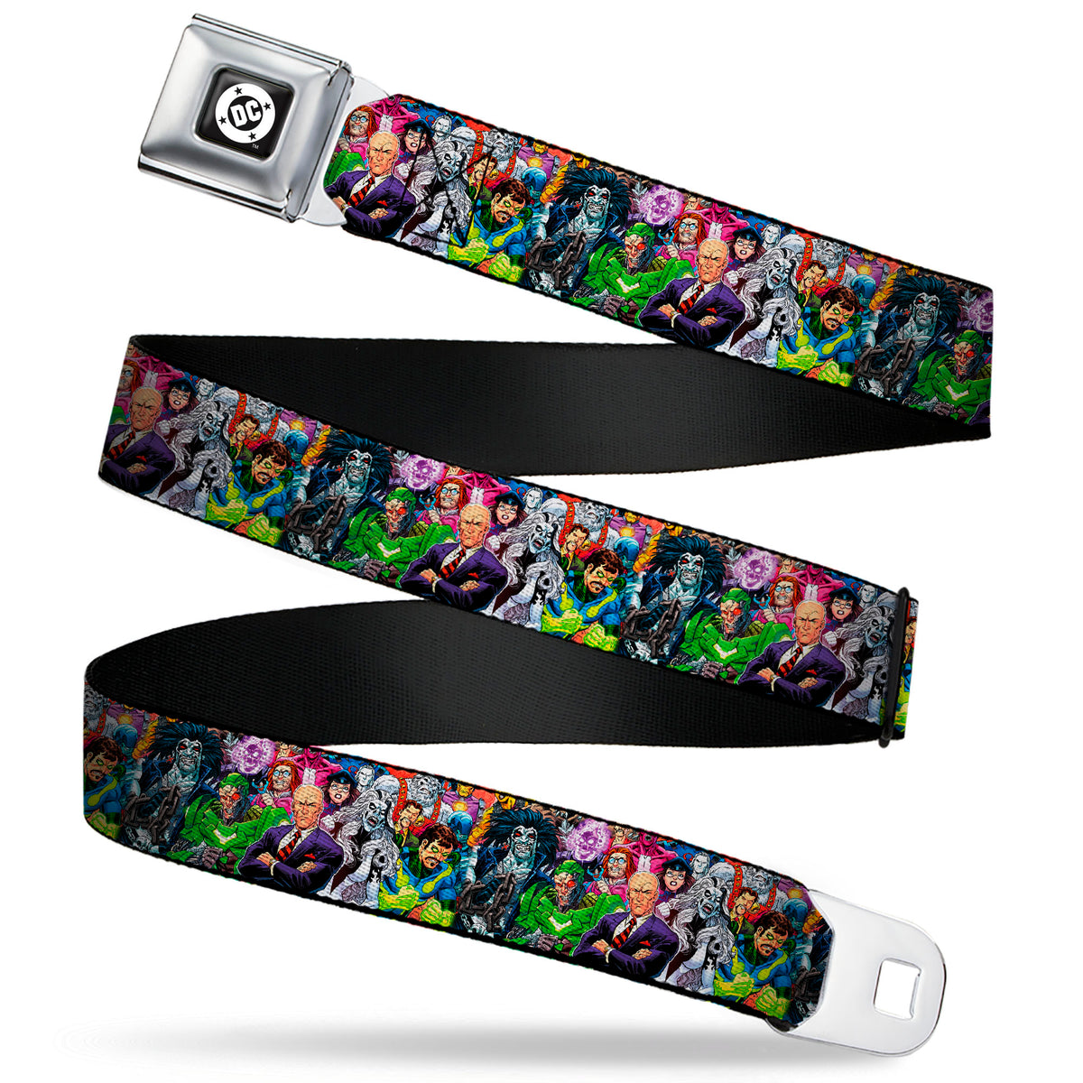 DC COMICS Round Logo Full Color Black/White Seatbelt Belt - Superman Treasury Hero For All Lex Luthor Villains Group Variant Cover Collage Webbing Seatbelt Belts DC Comics