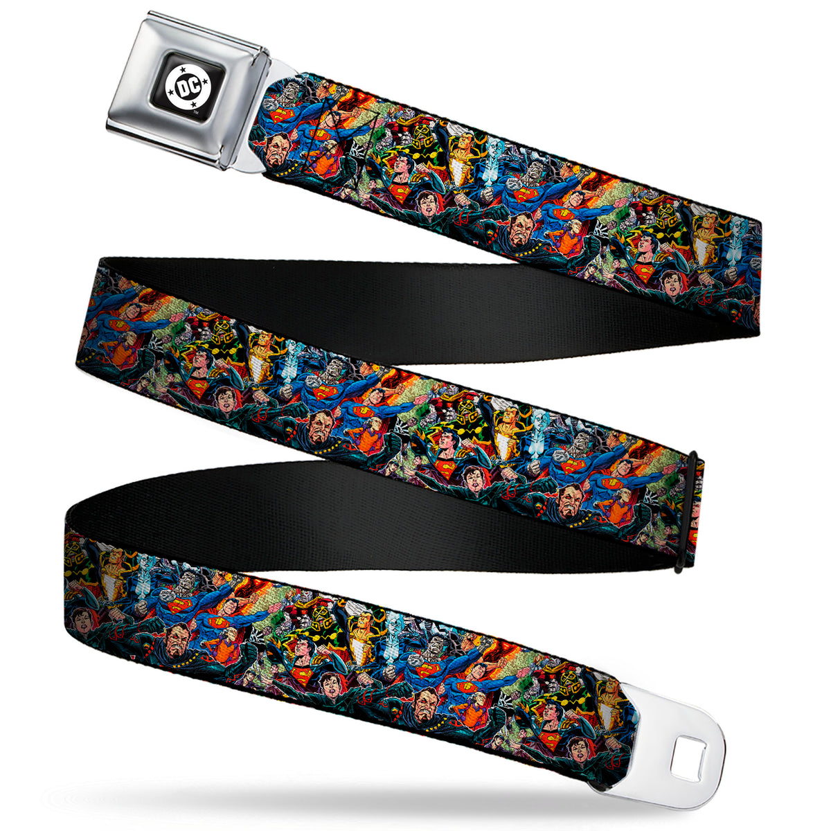 DC COMICS Round Logo Full Color Black/White Seatbelt Belt - Superman Treasury Hero For All General Zod Villains Group Variant Cover Collage Webbing Seatbelt Belts DC Comics