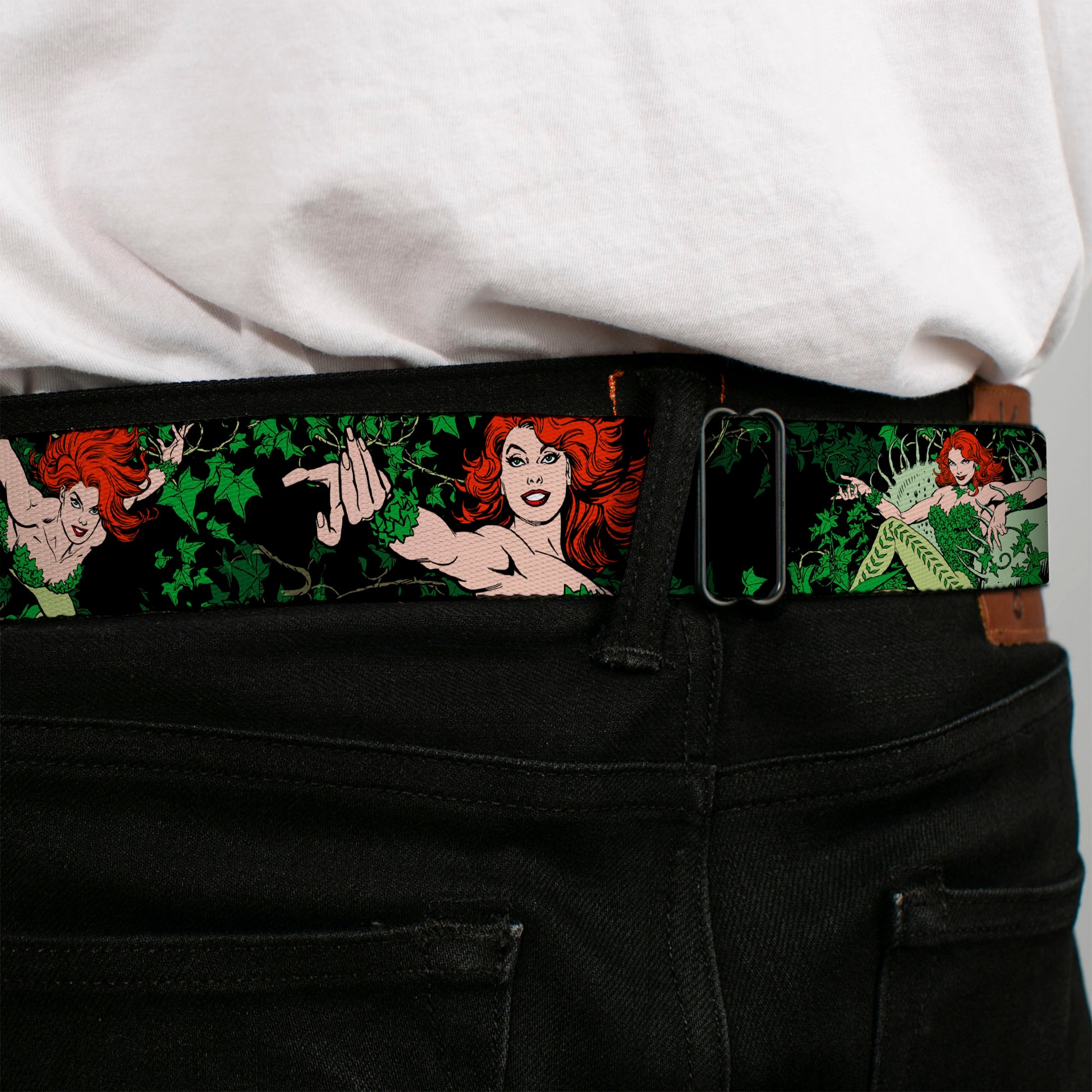 POISON IVY Script Leaves Full Color Greens Black Seatbelt Belt - DC Originals Poison Ivy 3-Poses/Ivy Black/Greens Webbing Seatbelt Belts DC Comics