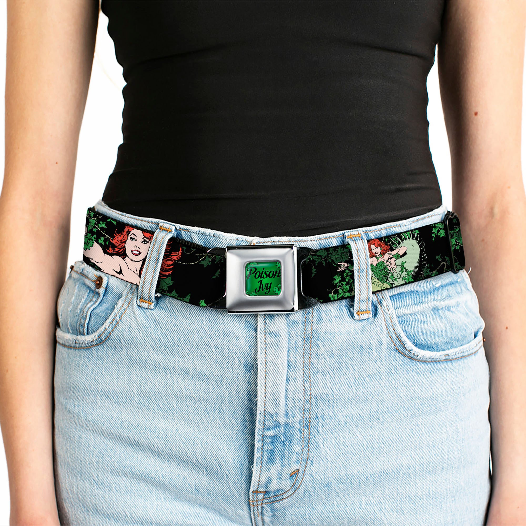 POISON IVY Script Leaves Full Color Greens Black Seatbelt Belt - DC Originals Poison Ivy 3-Poses/Ivy Black/Greens Webbing Seatbelt Belts DC Comics