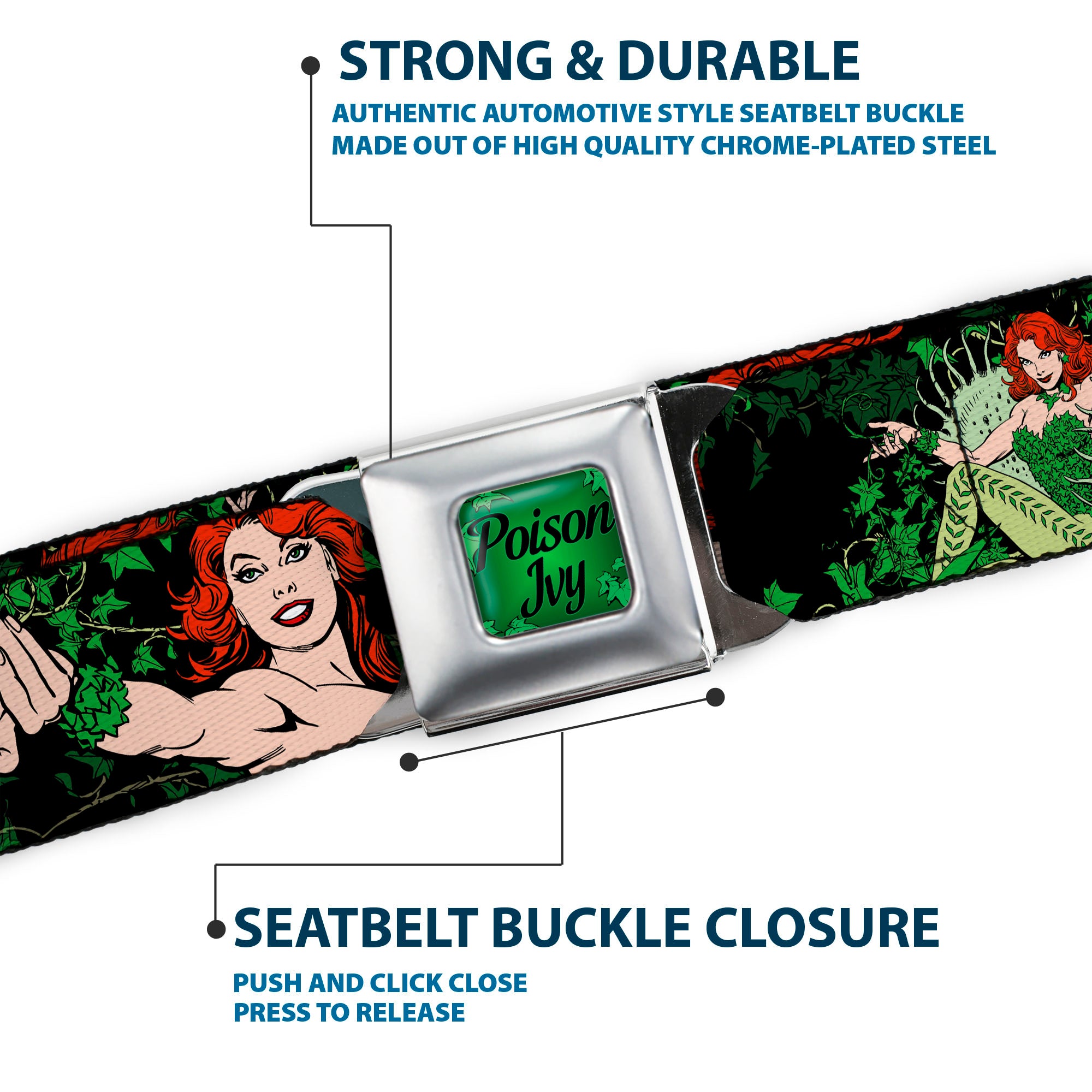 POISON IVY Script Leaves Full Color Greens Black Seatbelt Belt - DC Originals Poison Ivy 3-Poses/Ivy Black/Greens Webbing Seatbelt Belts DC Comics
