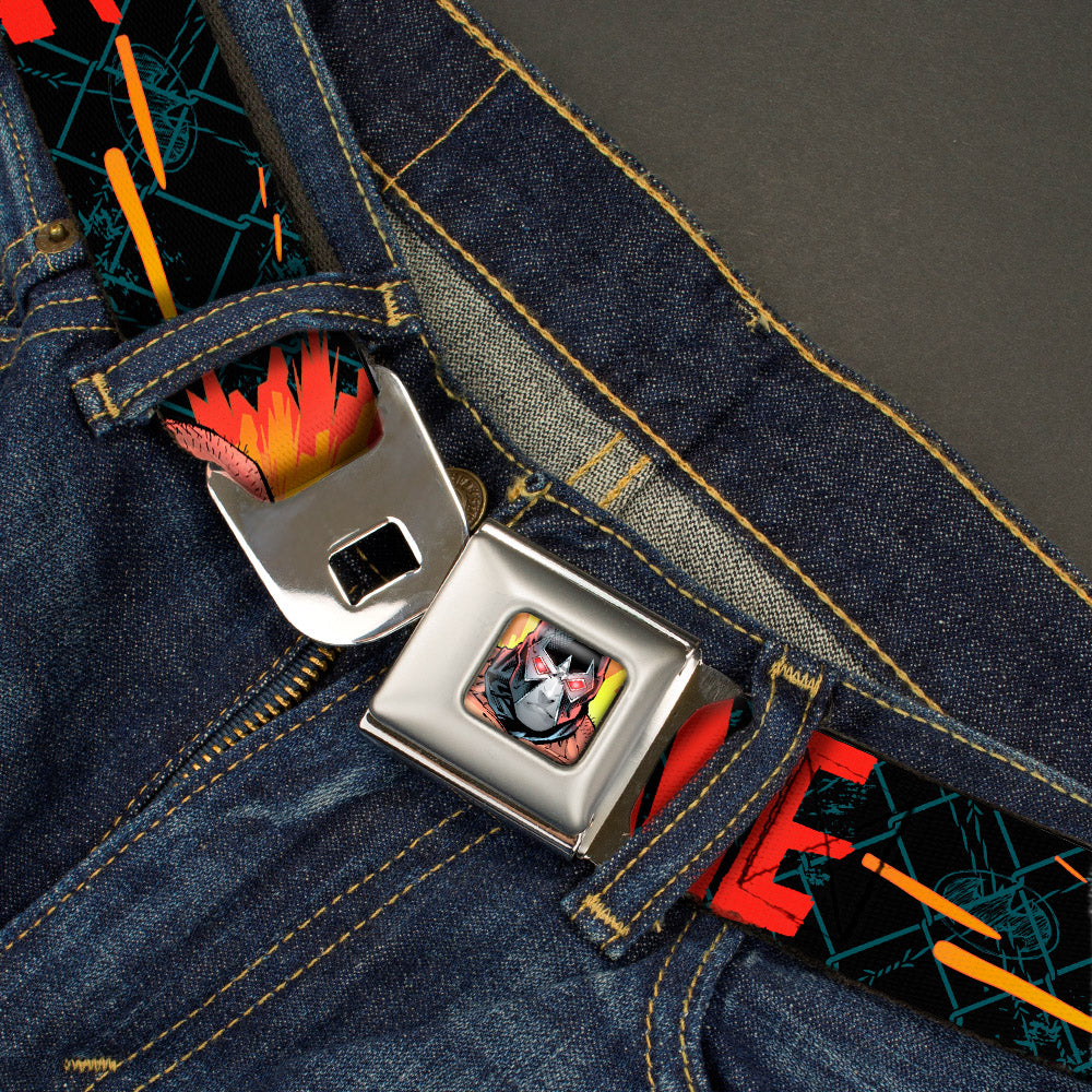 Bane Face Explosion Full Color Seatbelt Belt - BANE Pose/Explosion Bat Signal/Chanlink Black/Gray/Reds Webbing Seatbelt Belts DC Comics