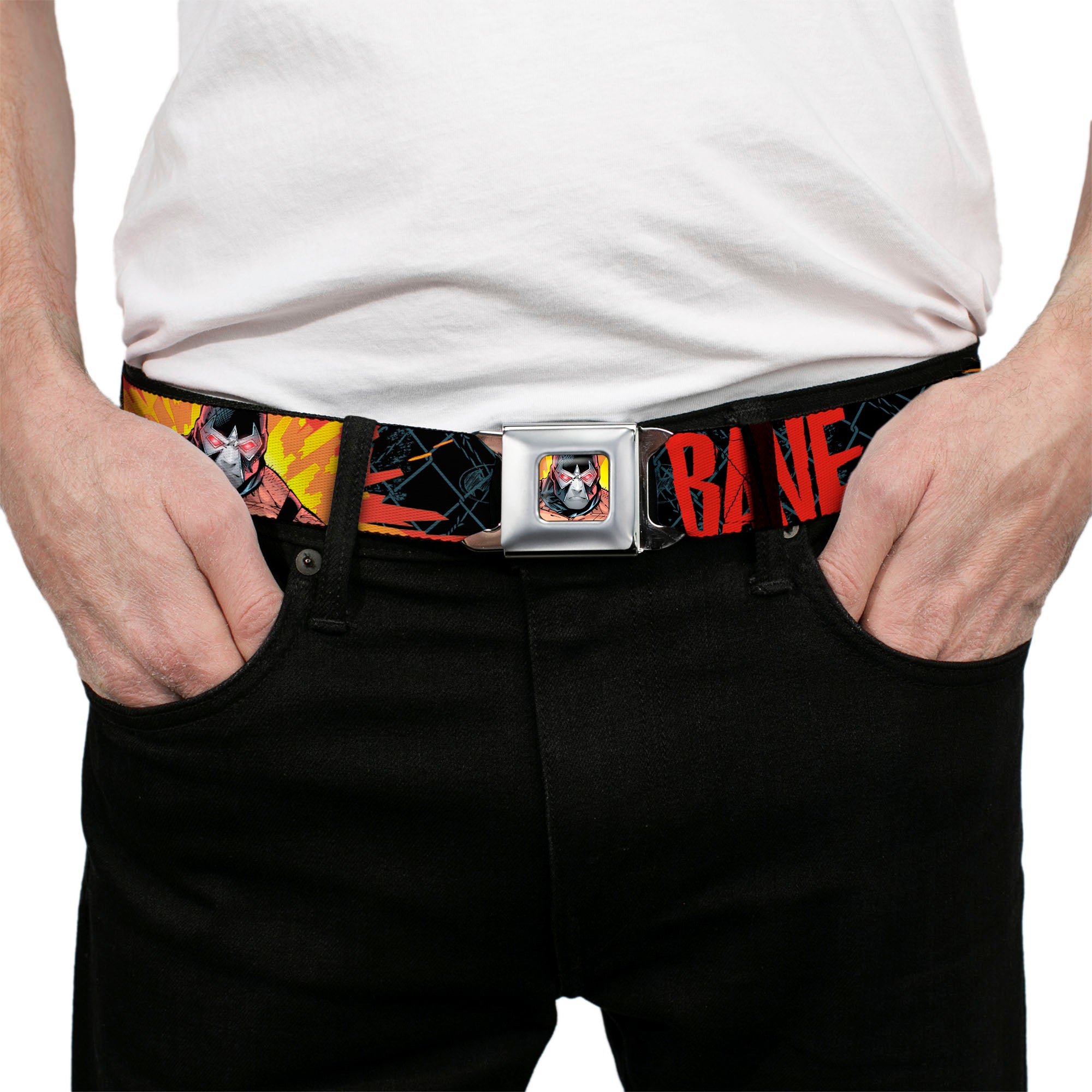 Bane Face Explosion Full Color Seatbelt Belt - BANE Pose/Explosion Bat Signal/Chanlink Black/Gray/Reds Webbing Seatbelt Belts DC Comics