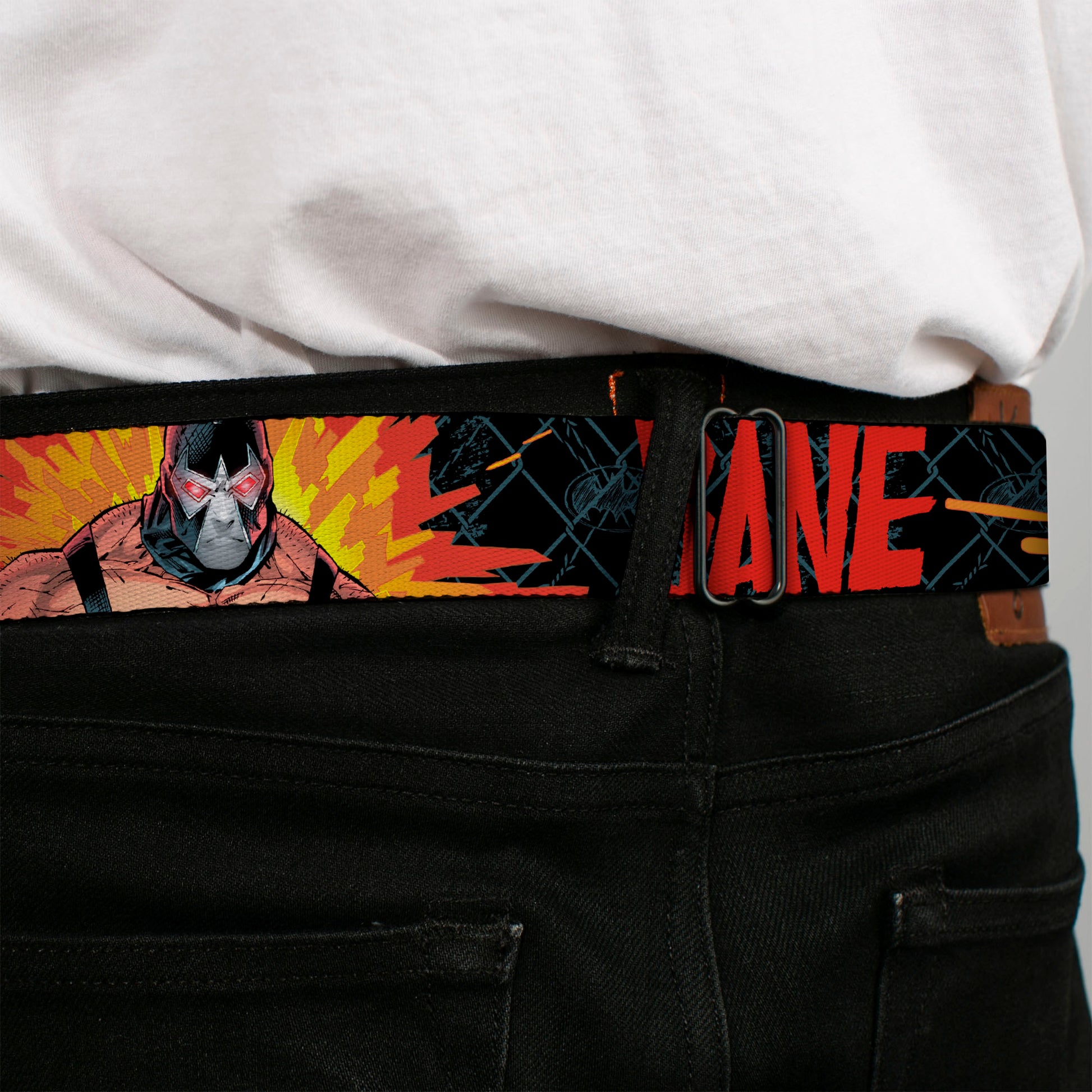 Bane Face Explosion Full Color Seatbelt Belt - BANE Pose/Explosion Bat Signal/Chanlink Black/Gray/Reds Webbing Seatbelt Belts DC Comics
