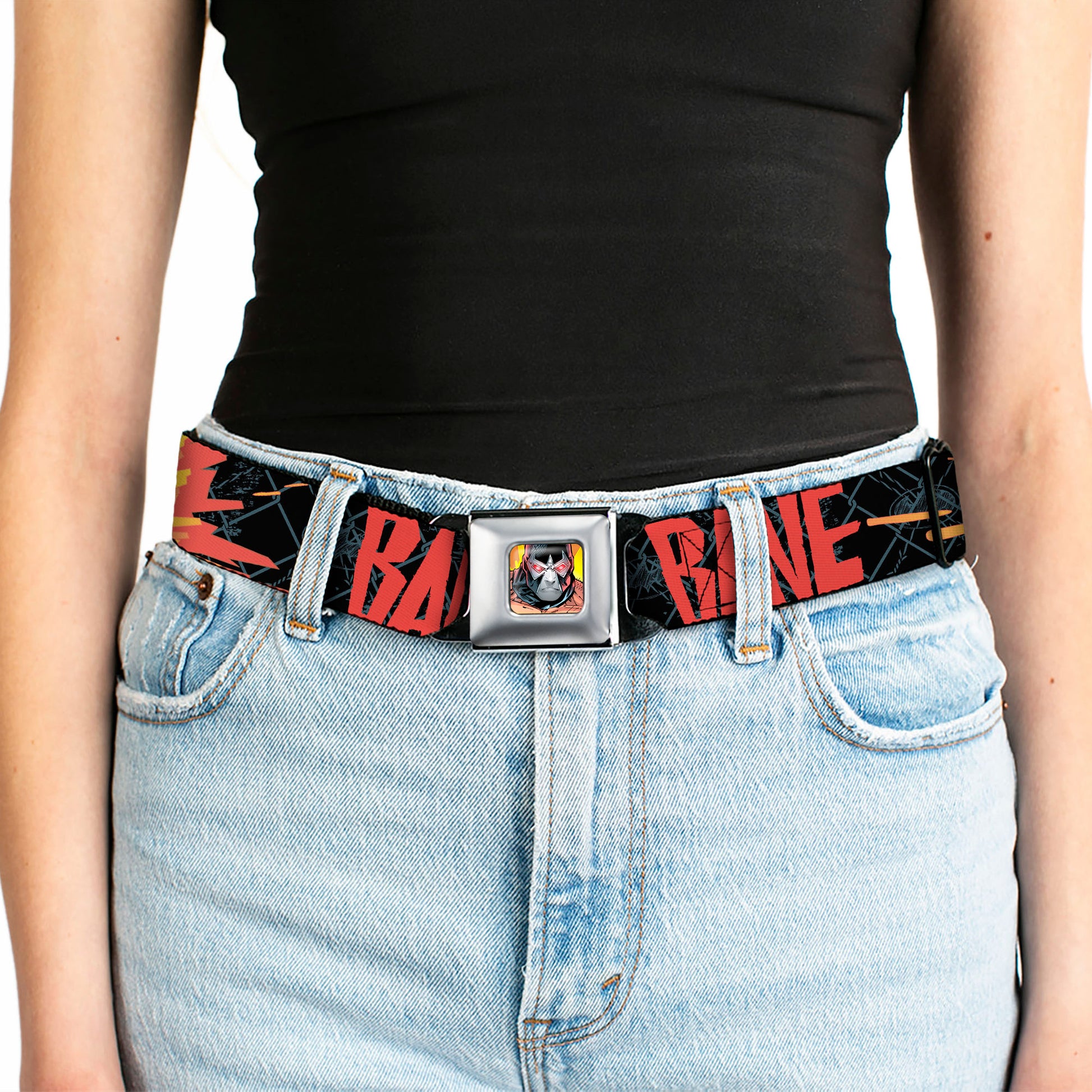 Bane Face Explosion Full Color Seatbelt Belt - BANE Pose/Explosion Bat Signal/Chanlink Black/Gray/Reds Webbing Seatbelt Belts DC Comics