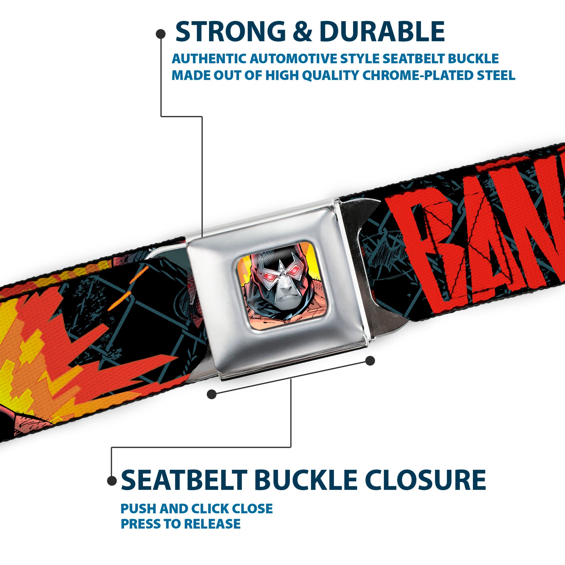 Bane Face Explosion Full Color Seatbelt Belt - BANE Pose/Explosion Bat Signal/Chanlink Black/Gray/Reds Webbing Seatbelt Belts DC Comics