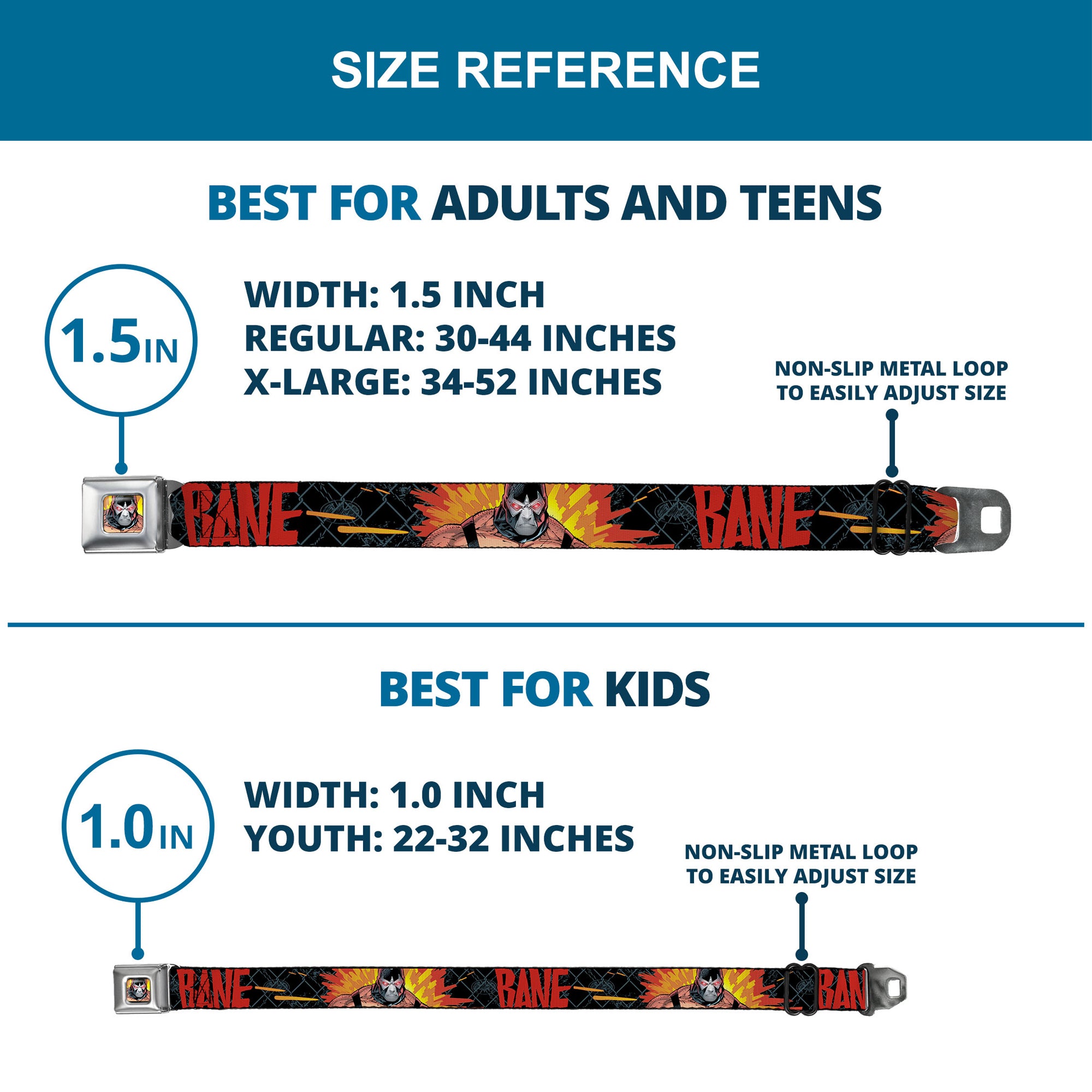 Bane Face Explosion Full Color Seatbelt Belt - BANE Pose/Explosion Bat Signal/Chanlink Black/Gray/Reds Webbing Seatbelt Belts DC Comics